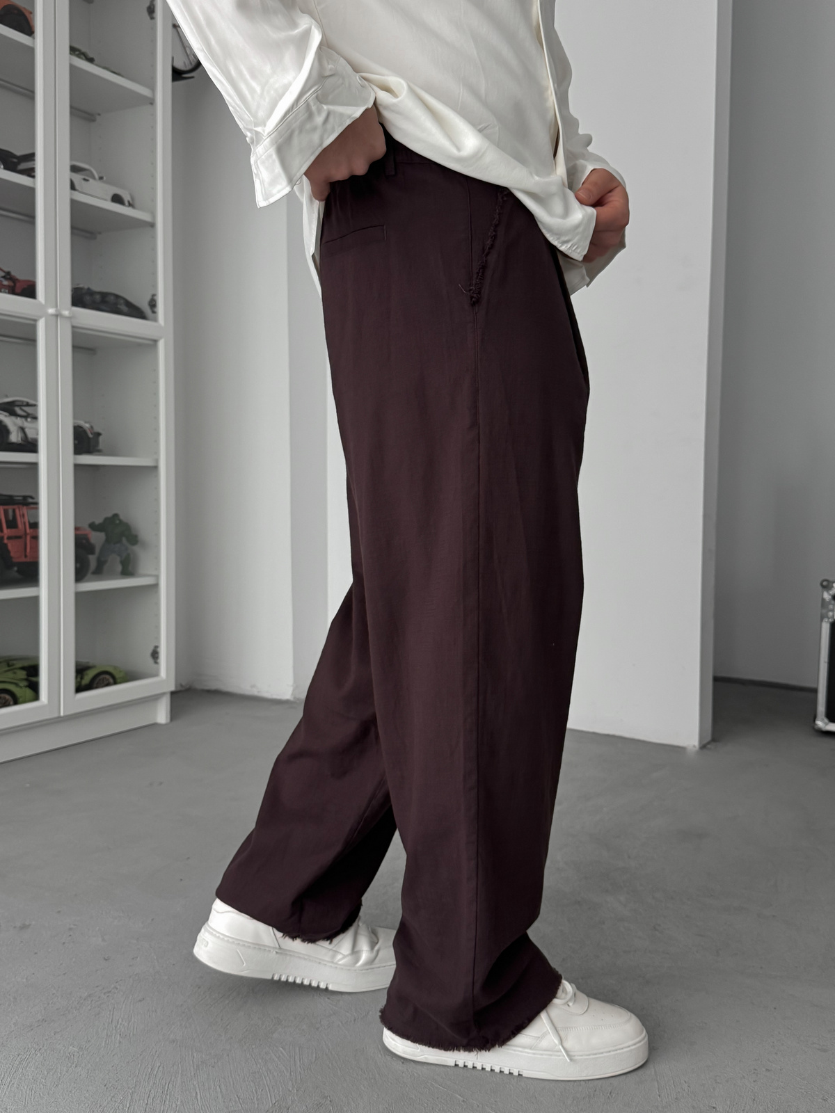 Kahve Kesik Paça Keten Dokulu Baggy Pantolon SW-1566