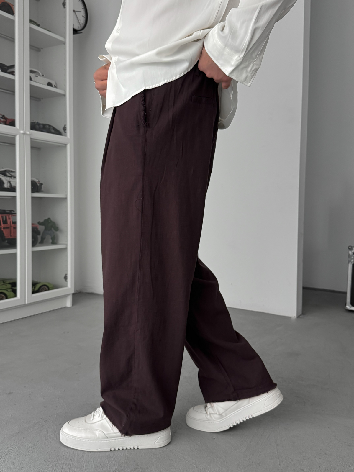 Kahve Kesik Paça Keten Dokulu Baggy Pantolon SW-1566