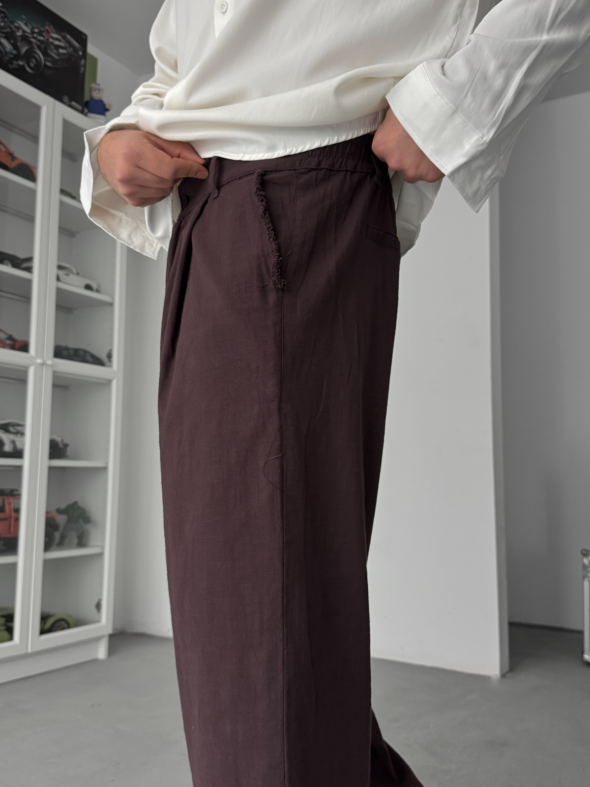 Kahve Kesik Paça Keten Dokulu Baggy Pantolon SW-1566