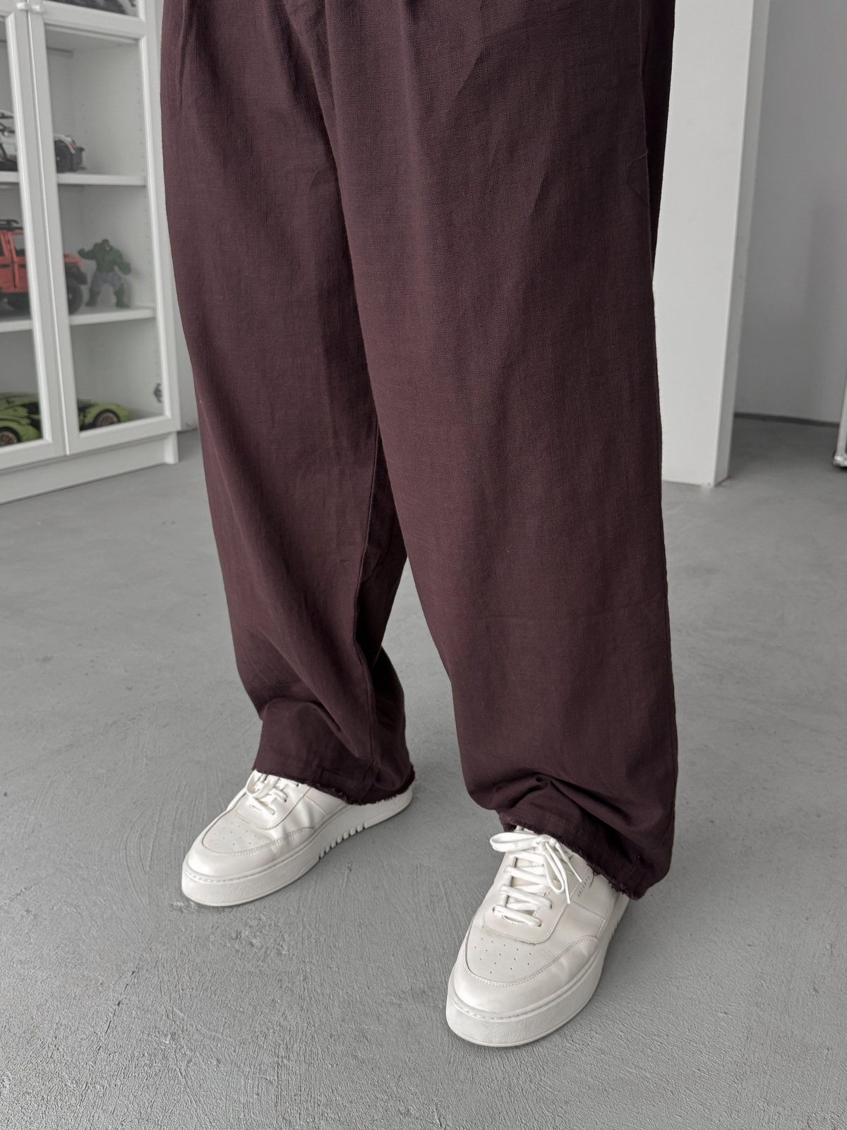 Kahve Kesik Paça Keten Dokulu Baggy Pantolon SW-1566