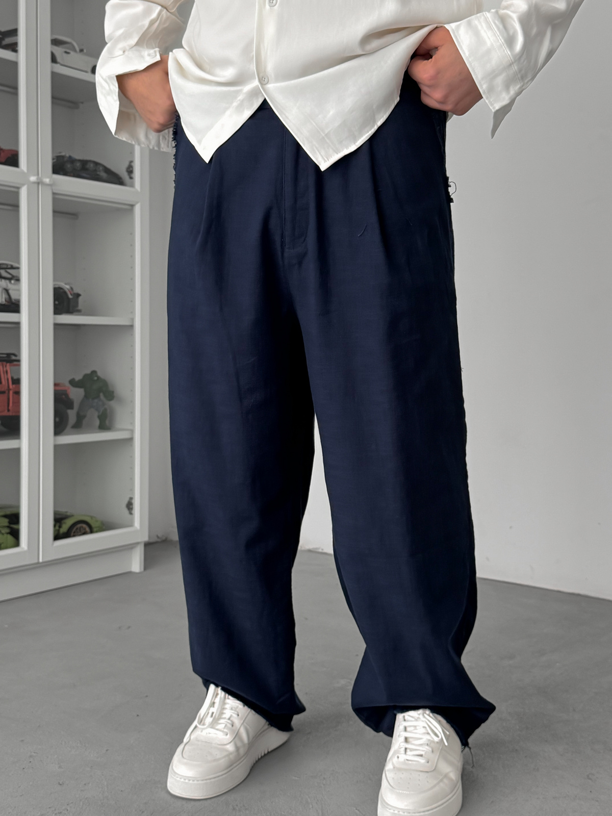 Lacivert Kesik Paça Keten Dokulu Baggy Pantolon SW-1566