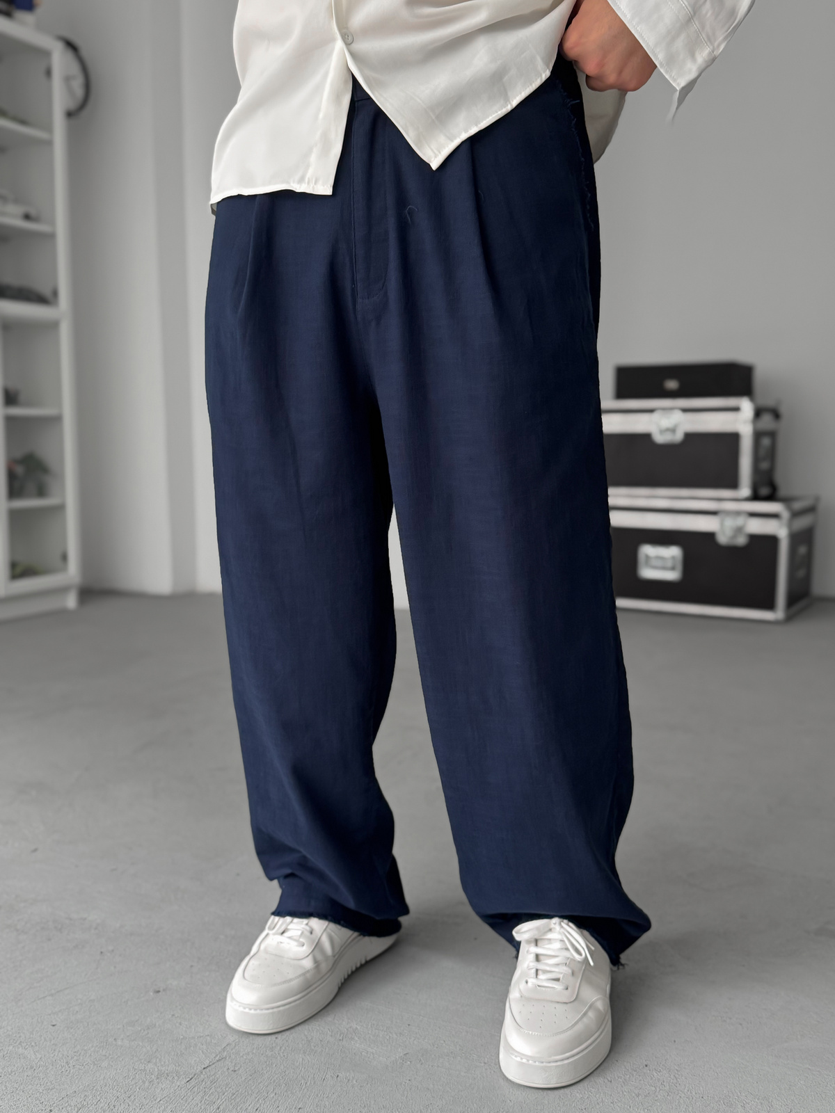 Lacivert Kesik Paça Keten Dokulu Baggy Pantolon SW-1566