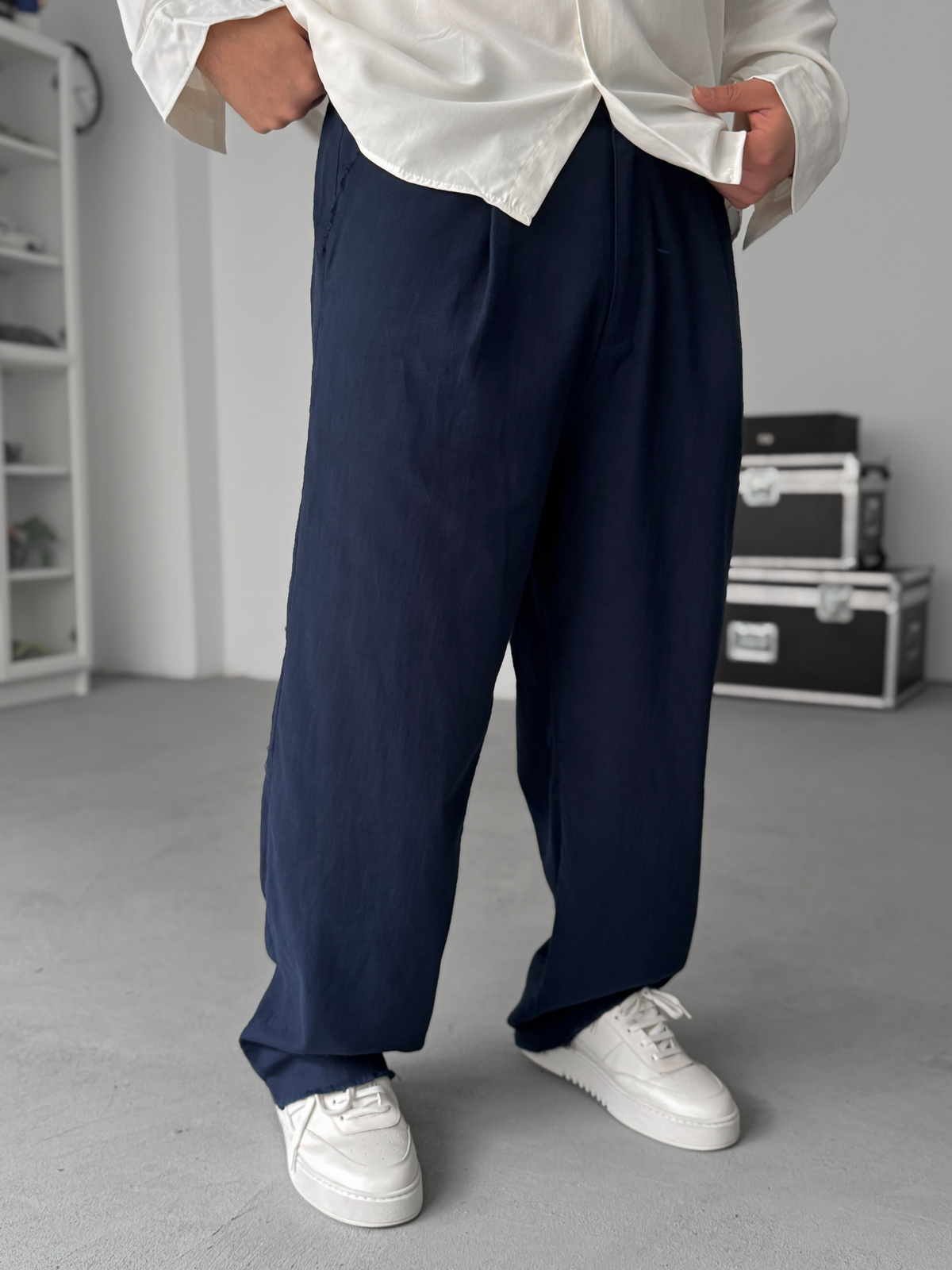 Lacivert Kesik Paça Keten Dokulu Baggy Pantolon SW-1566