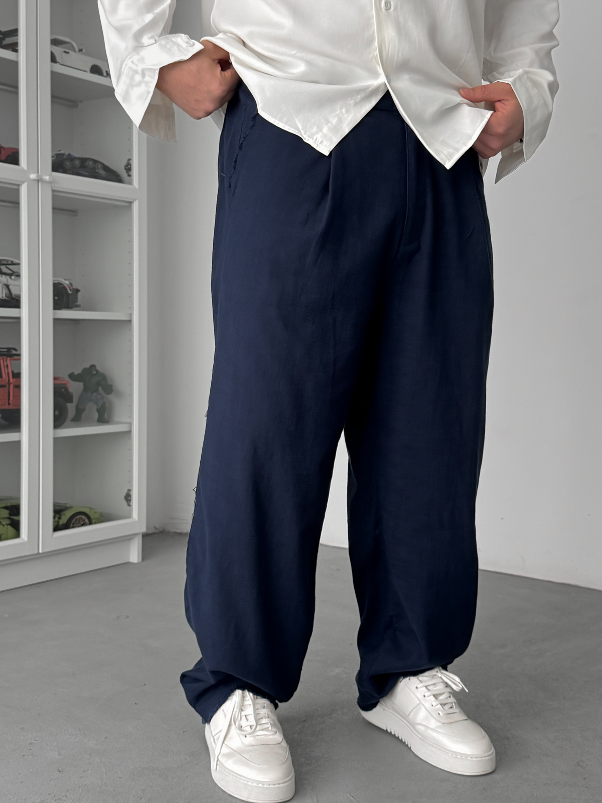 Lacivert Kesik Paça Keten Dokulu Baggy Pantolon SW-1566