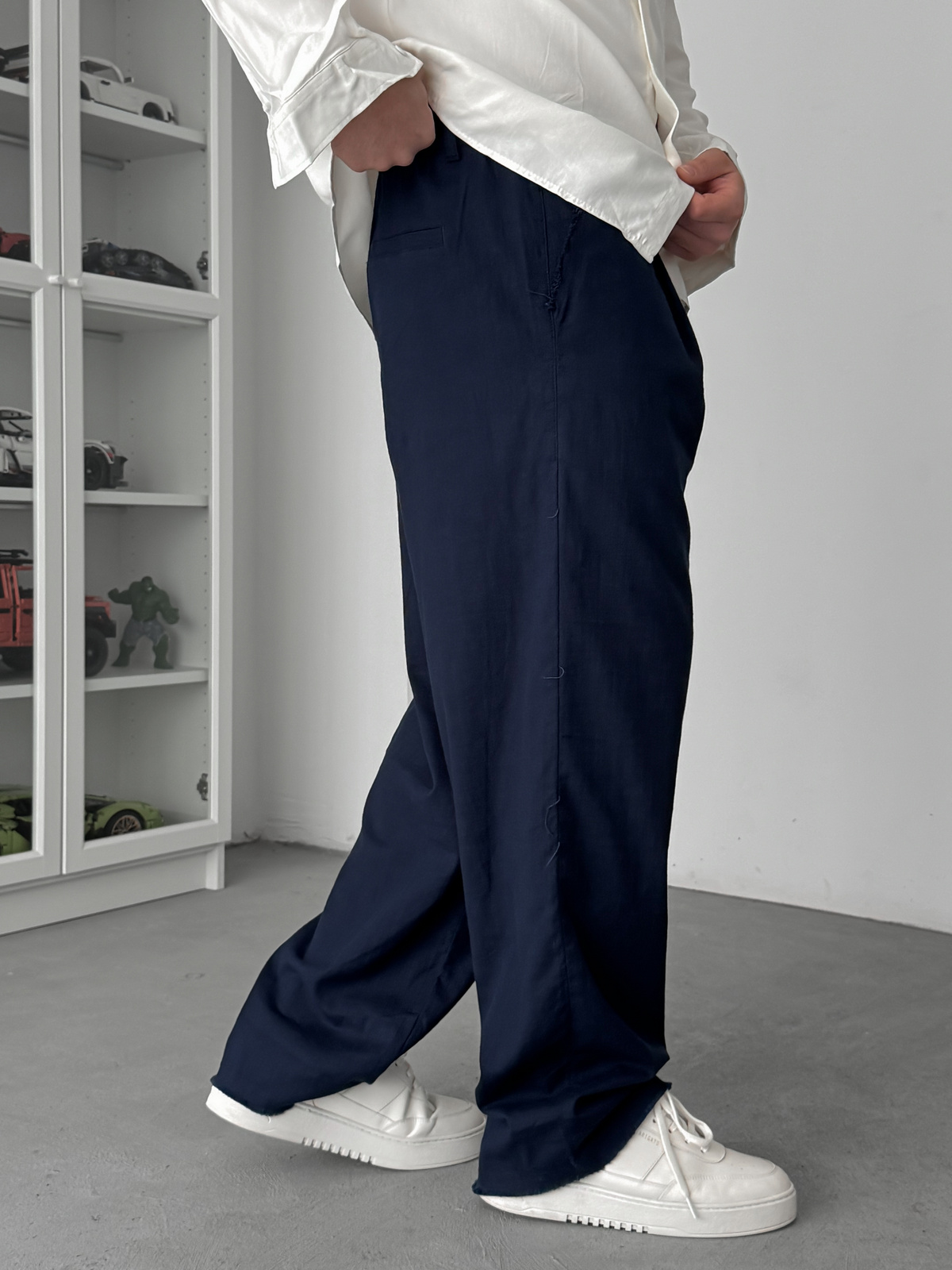 Lacivert Kesik Paça Keten Dokulu Baggy Pantolon SW-1566