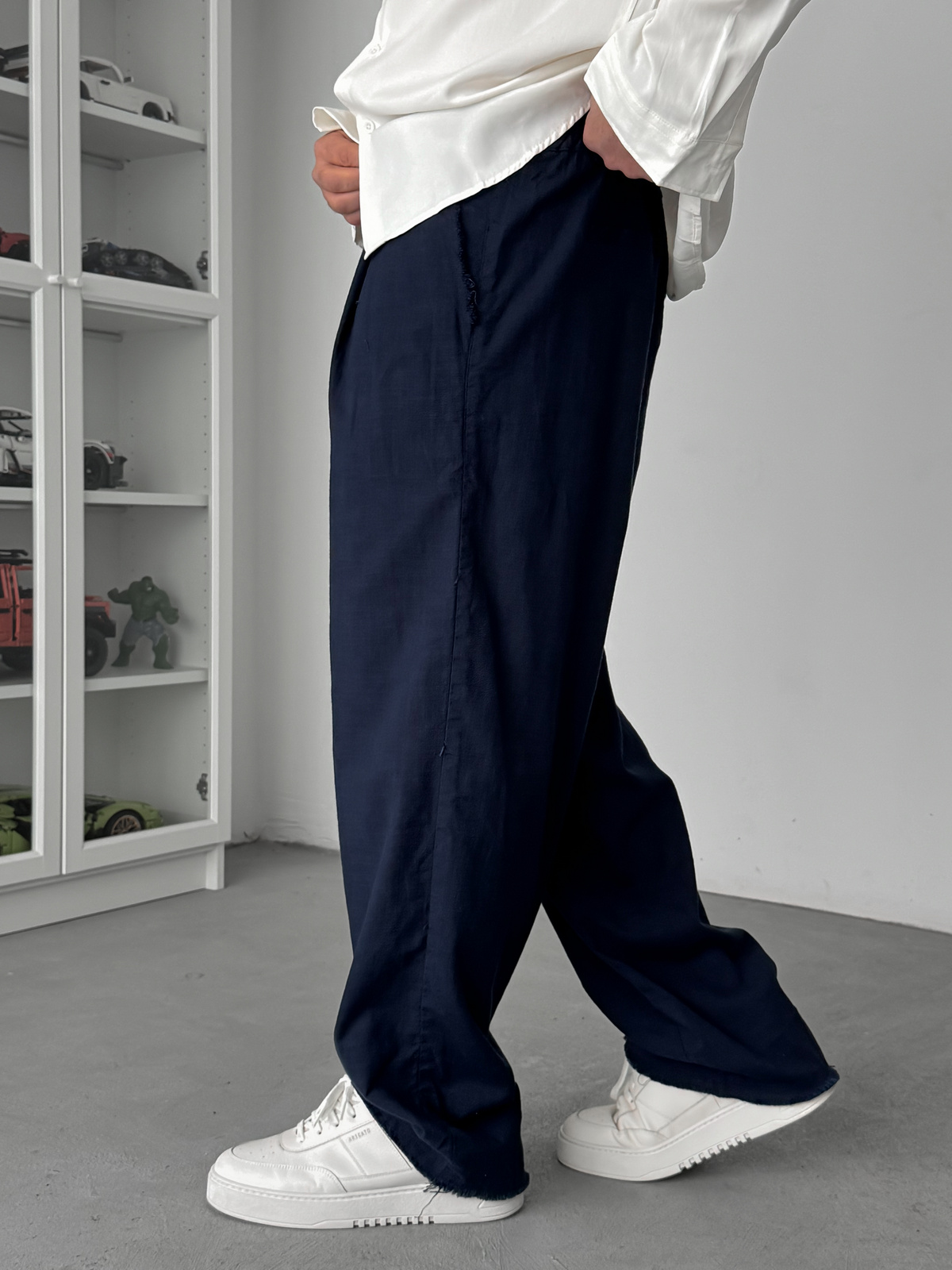 Lacivert Kesik Paça Keten Dokulu Baggy Pantolon SW-1566