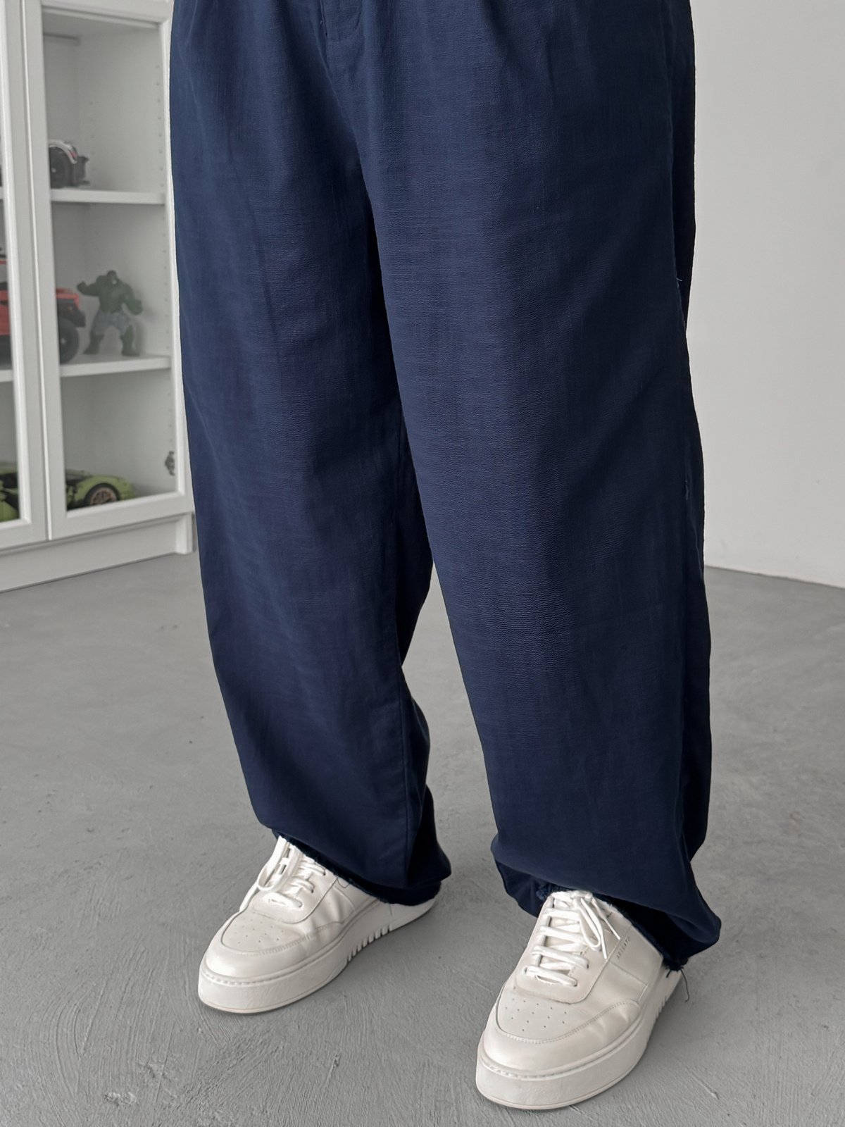 Lacivert Kesik Paça Keten Dokulu Baggy Pantolon SW-1566