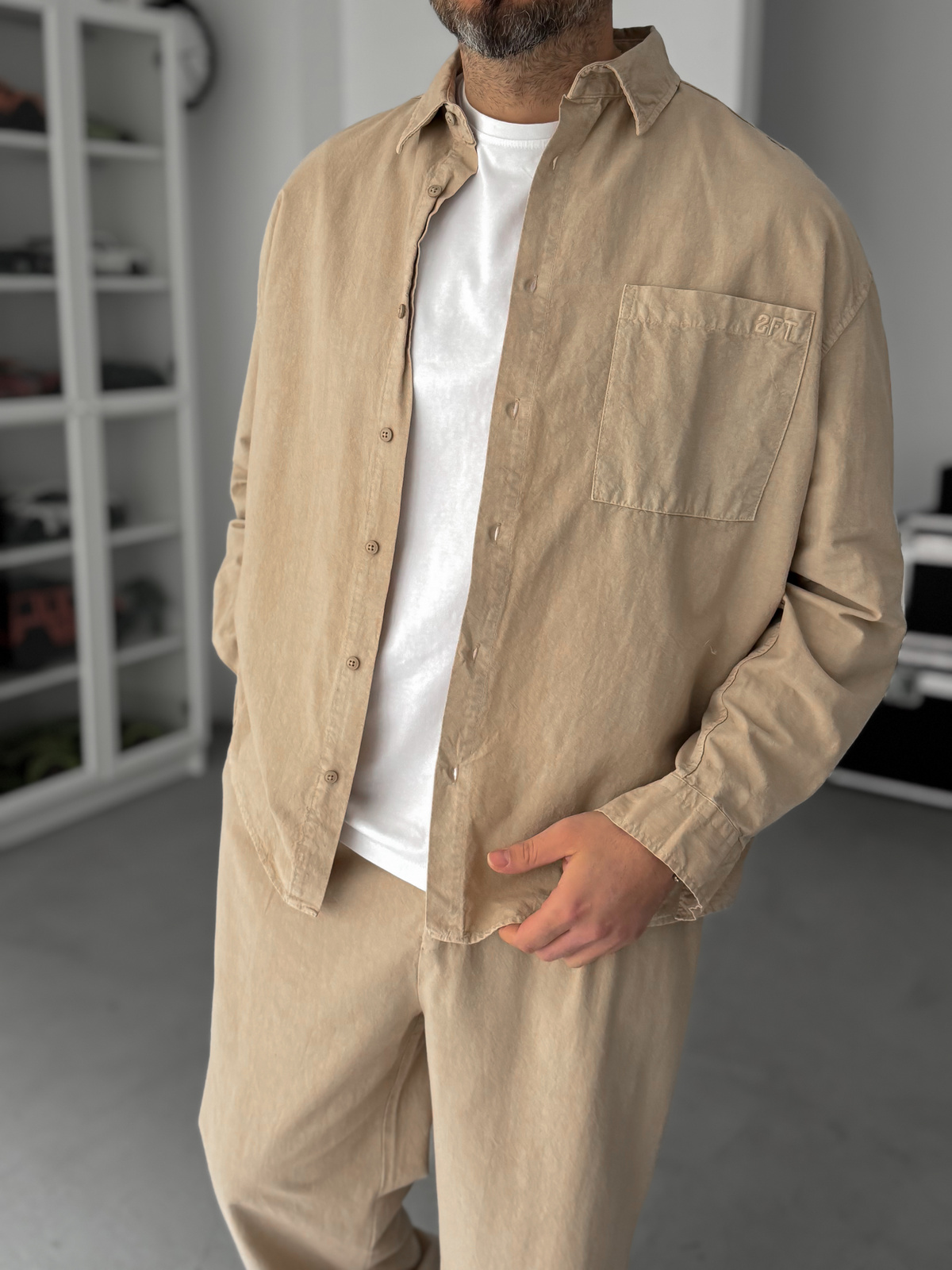Bej Cepli Yıkamalı Oversize Gömlek TW-1039