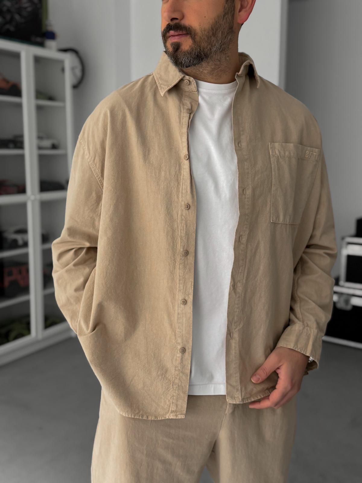 Bej Cepli Yıkamalı Oversize Gömlek TW-1039