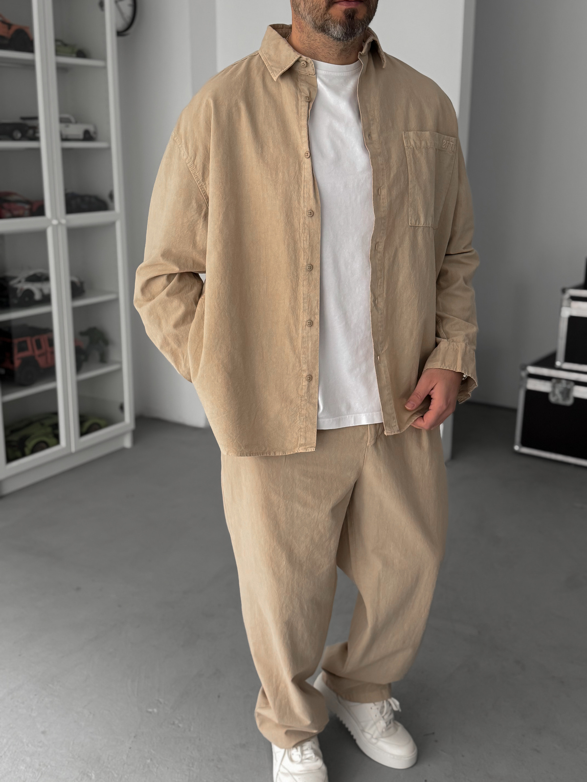 Bej Cepli Yıkamalı Oversize Gömlek TW-1039