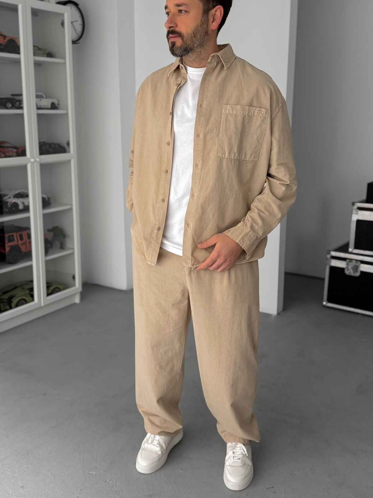 Bej Cepli Yıkamalı Oversize Gömlek TW-1039