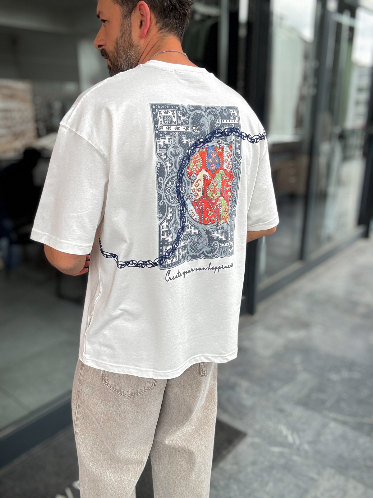 Beyaz Happiness Patchli Oversize T-Shirt SW-5125