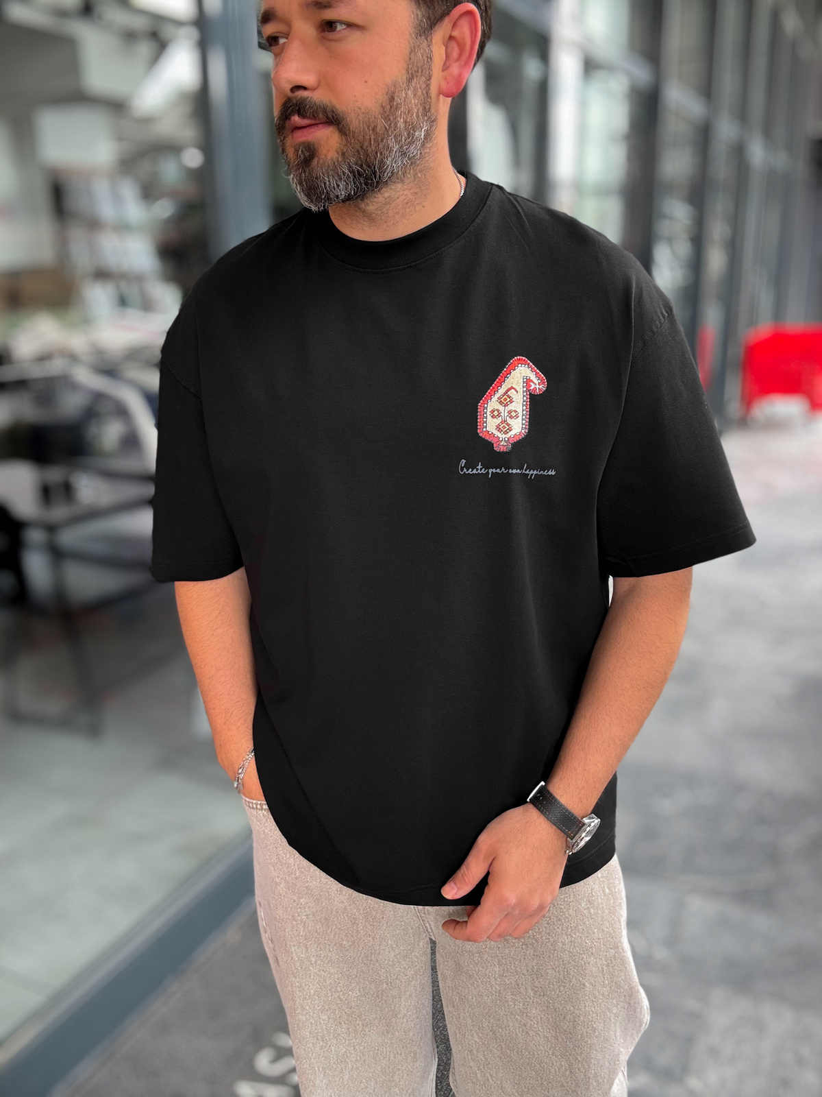 Siyah Happiness Patchli Oversize T-Shirt SW-5125