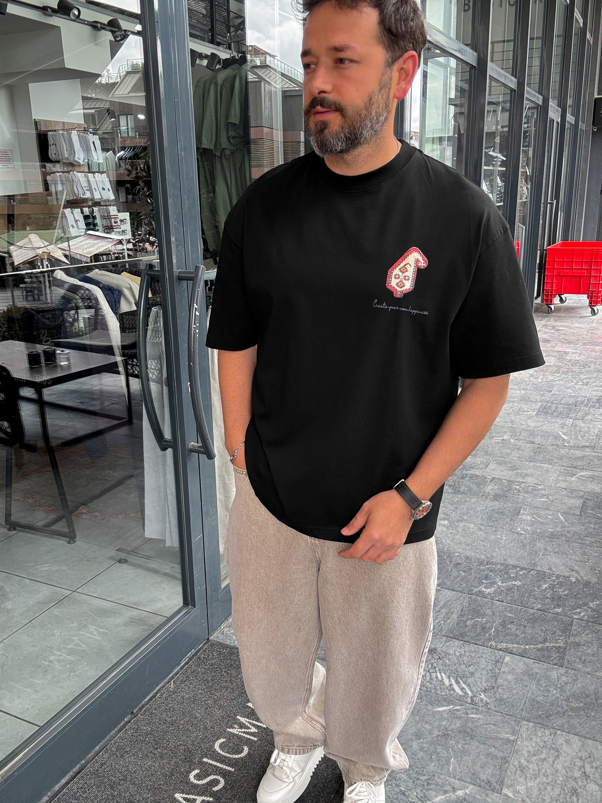 Siyah Happiness Patchli Oversize T-Shirt SW-5125