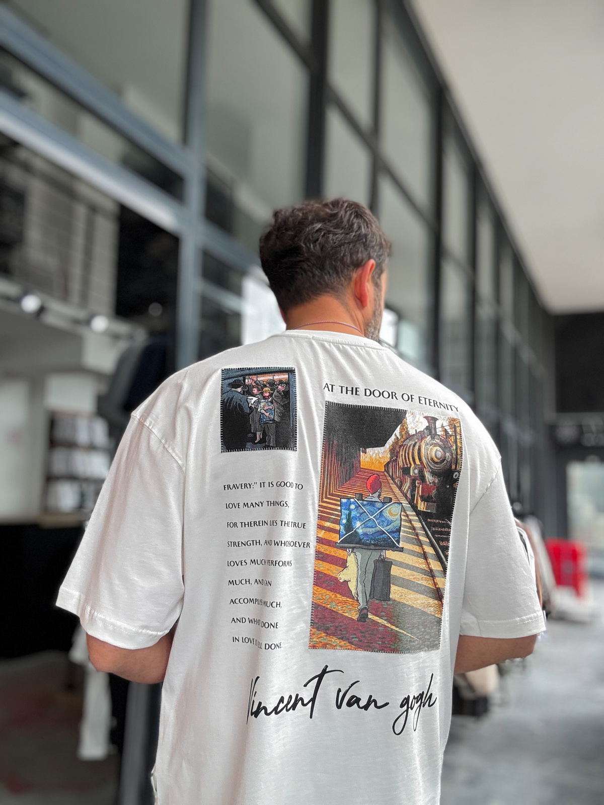 Beyaz Van Gogh Patchli Oversize T-Shirt SW-5142