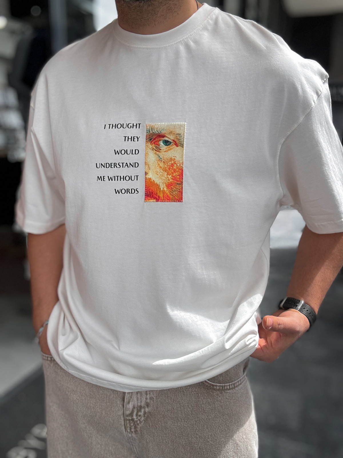 Beyaz Van Gogh Patchli Oversize T-Shirt SW-5142