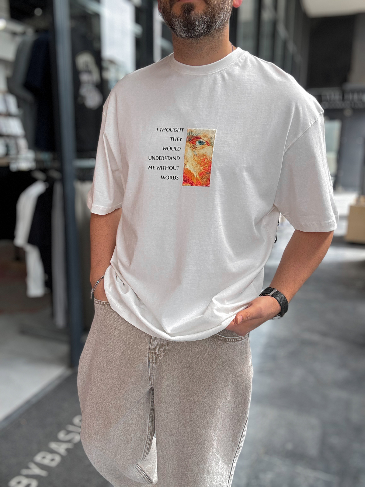 Beyaz Van Gogh Patchli Oversize T-Shirt SW-5142