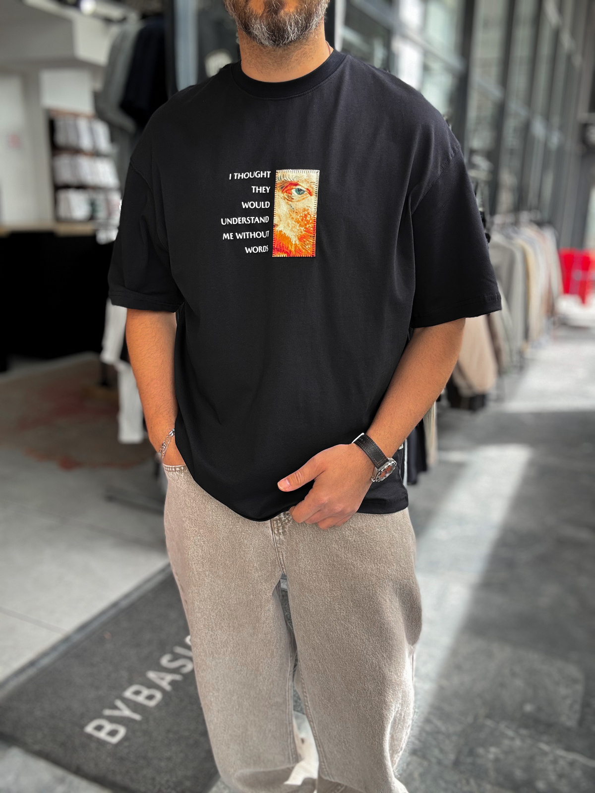 Lacivert Van Gogh Patchli Oversize T-Shirt SW-5142