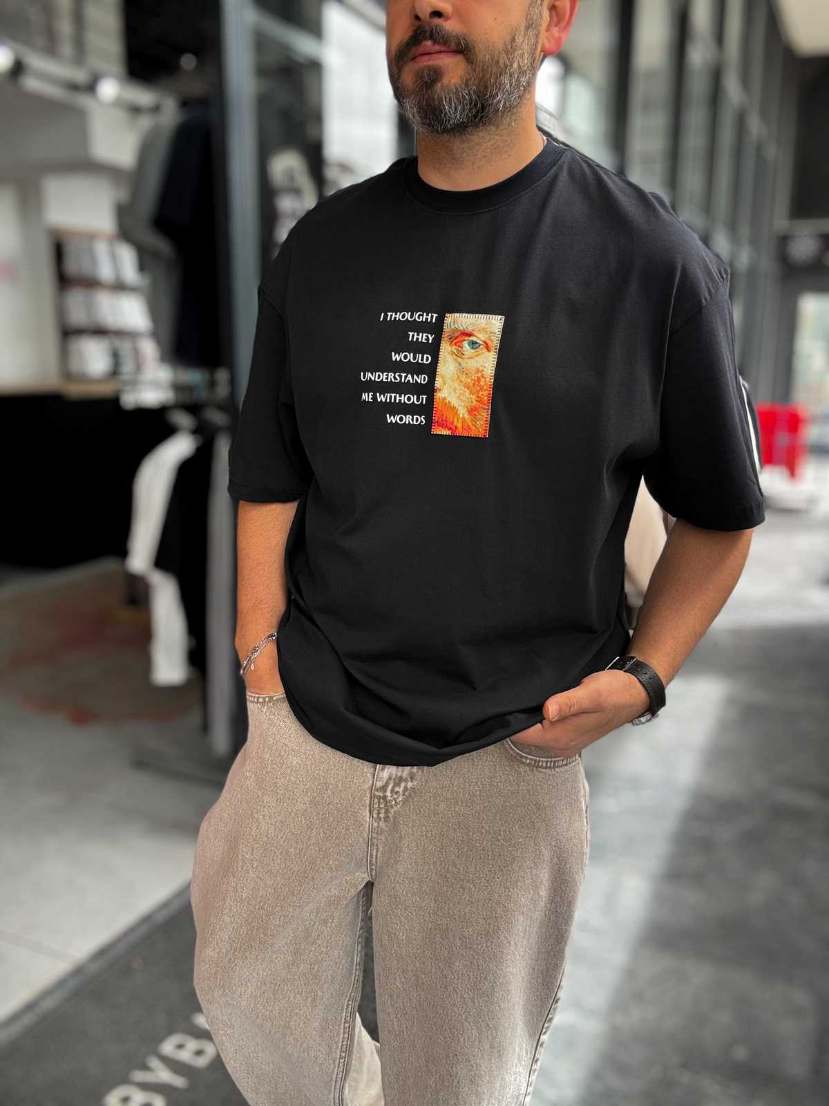 Lacivert Van Gogh Patchli Oversize T-Shirt SW-5142