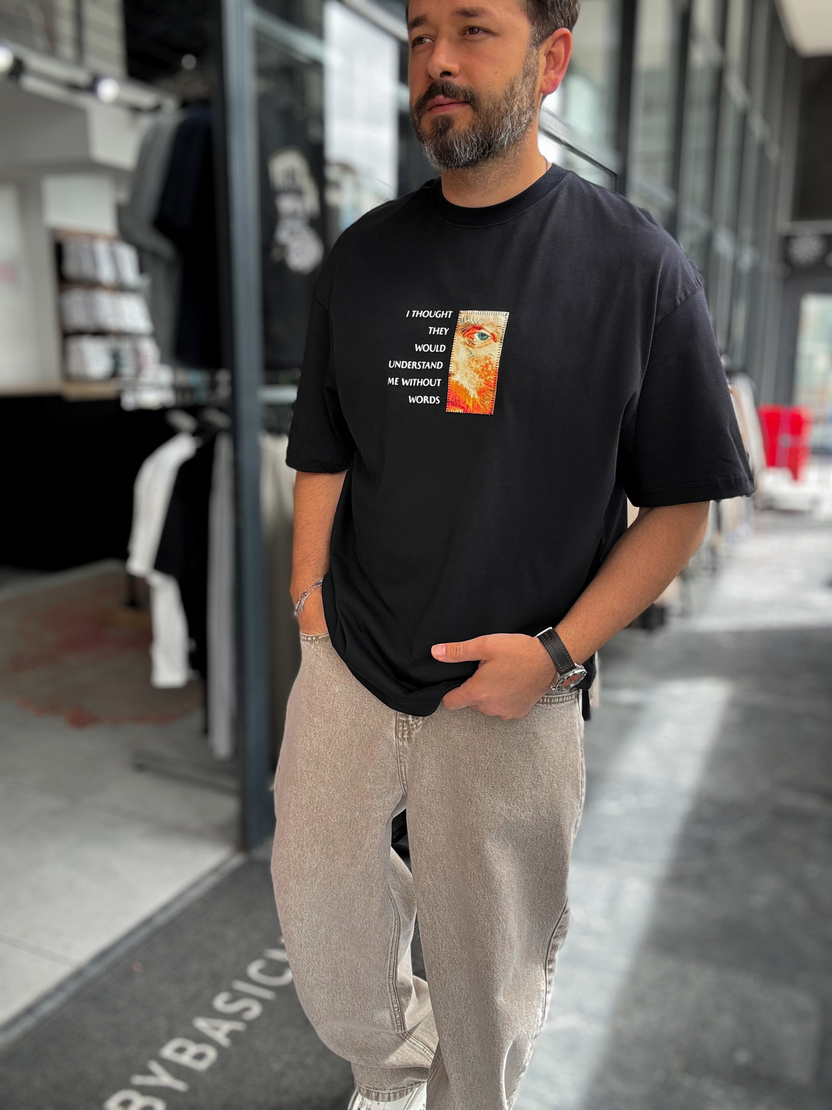 Lacivert Van Gogh Patchli Oversize T-Shirt SW-5142