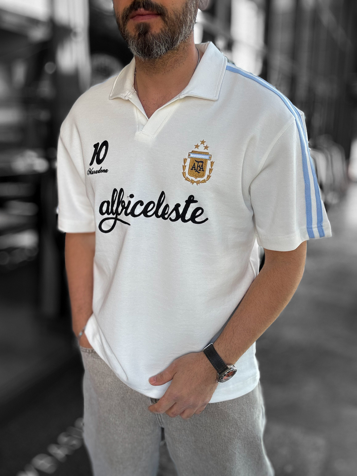 Beyaz Argentina Armalı İki İplik T-Shirt RES-1059