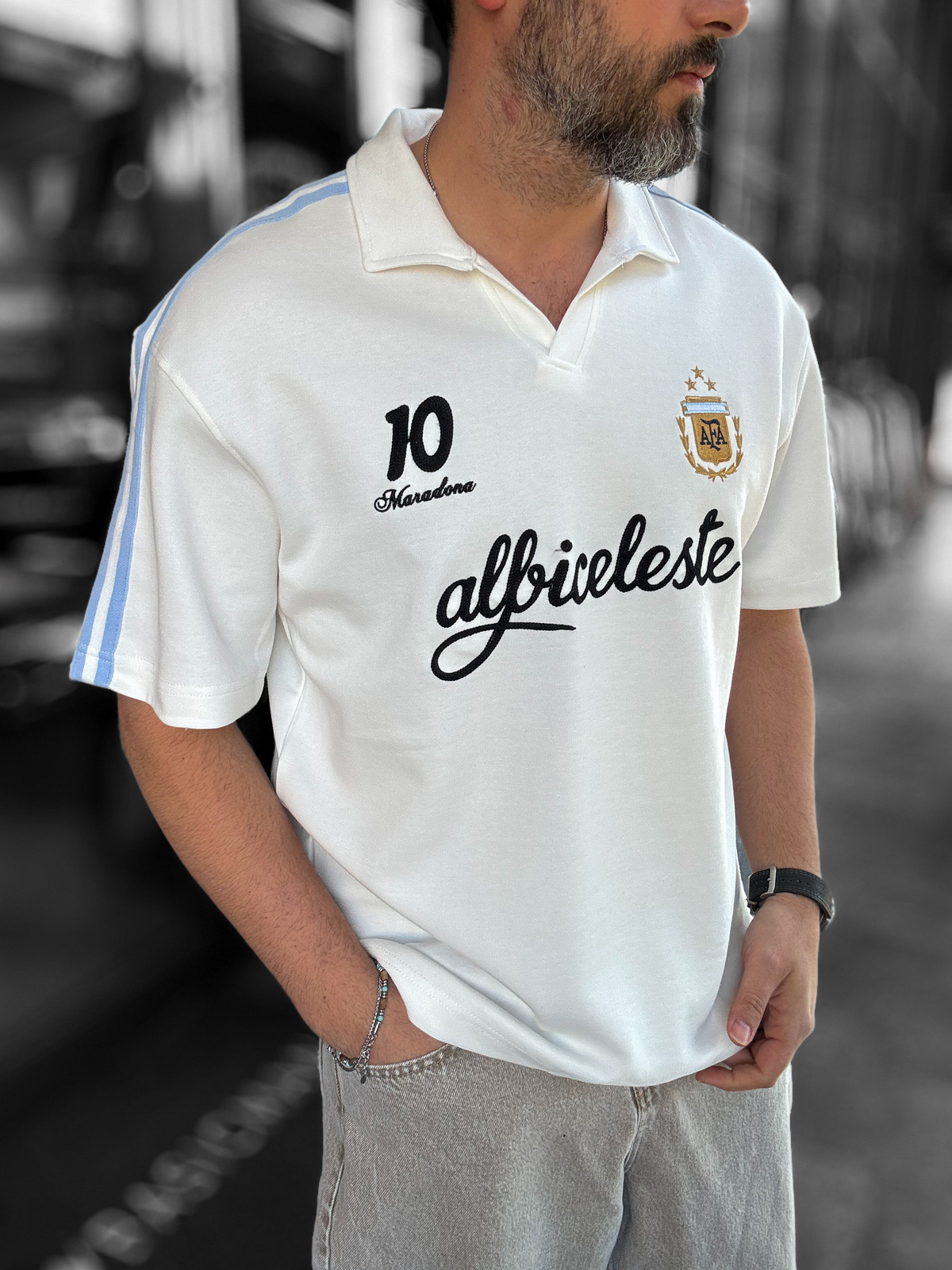 Beyaz Argentina Armalı İki İplik T-Shirt RES-1059