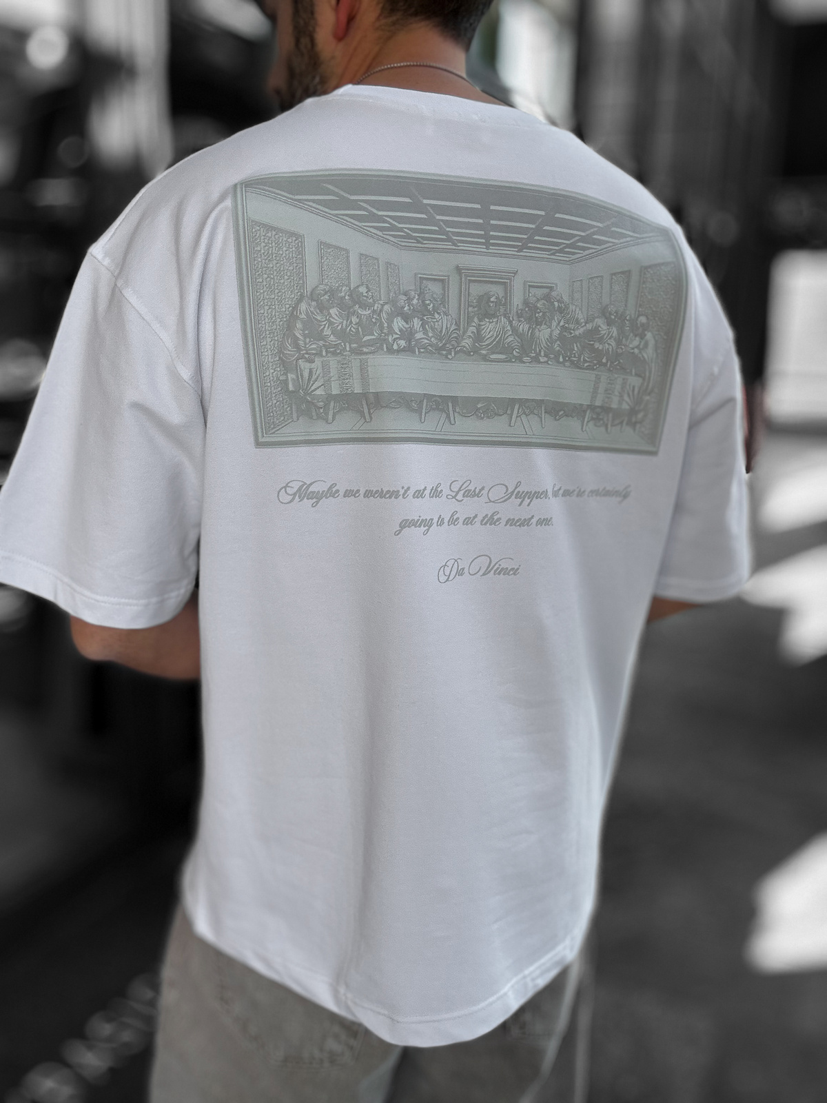 Beyaz Da Vinci Baskılı Oversize T-Shirt RES-1030