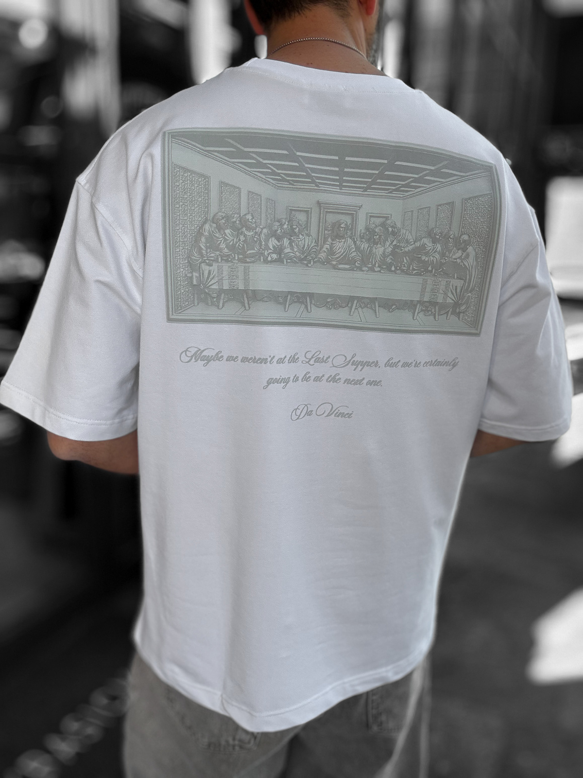 Beyaz Da Vinci Baskılı Oversize T-Shirt RES-1030
