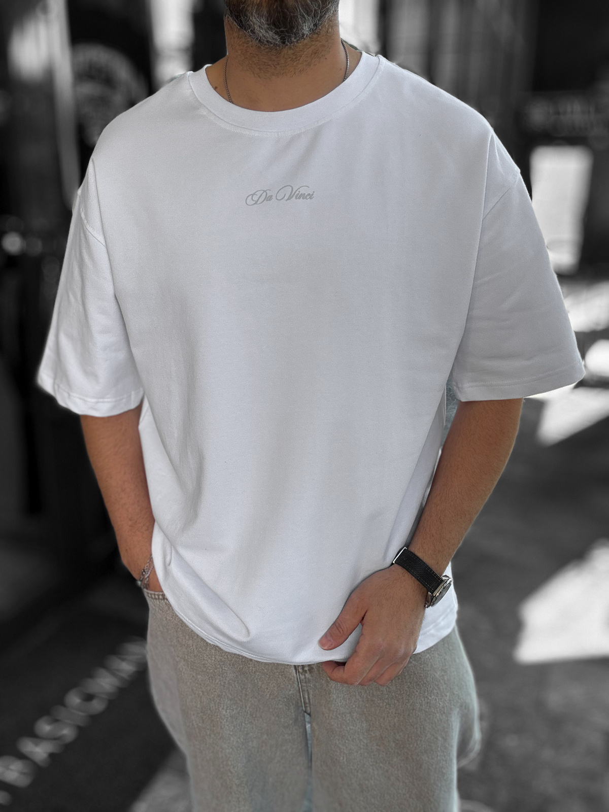 Beyaz Da Vinci Baskılı Oversize T-Shirt RES-1030