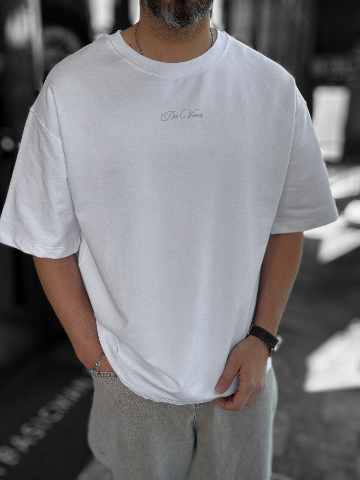 Beyaz Da Vinci Baskılı Oversize T-Shirt RES-1030