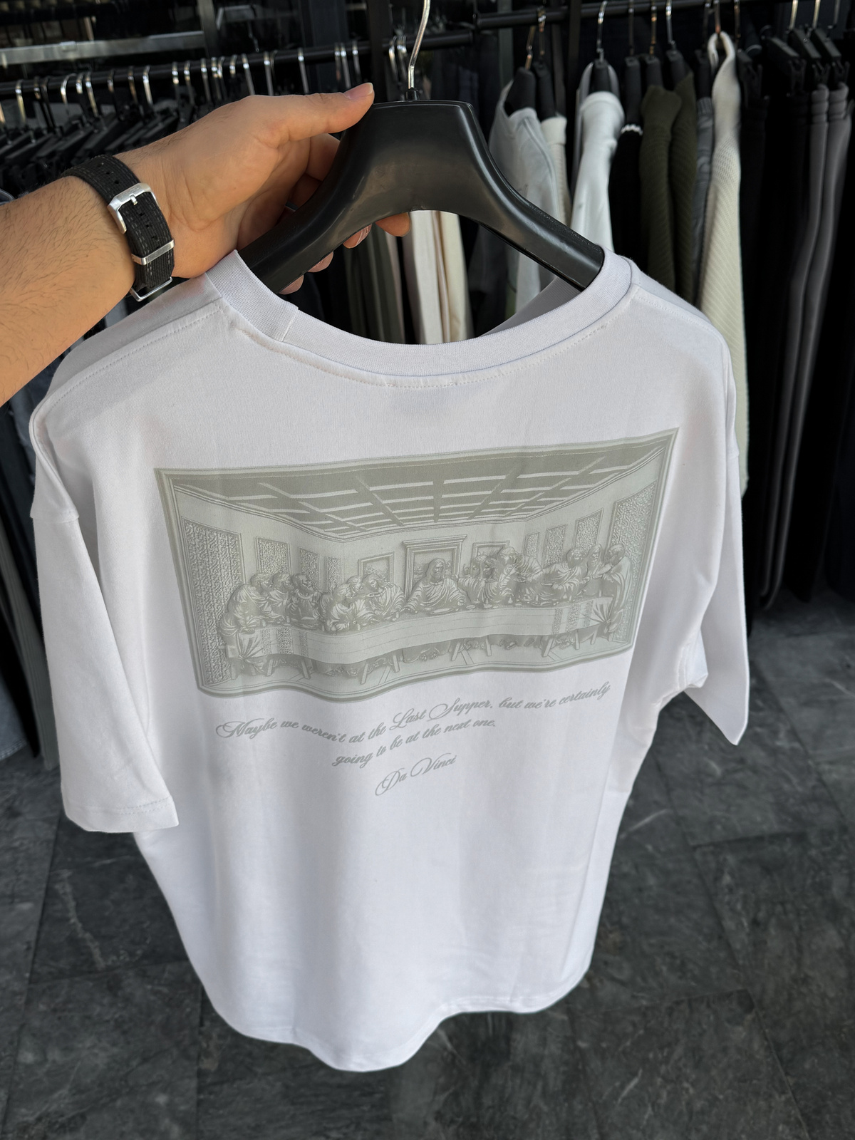 Beyaz Da Vinci Baskılı Oversize T-Shirt RES-1030