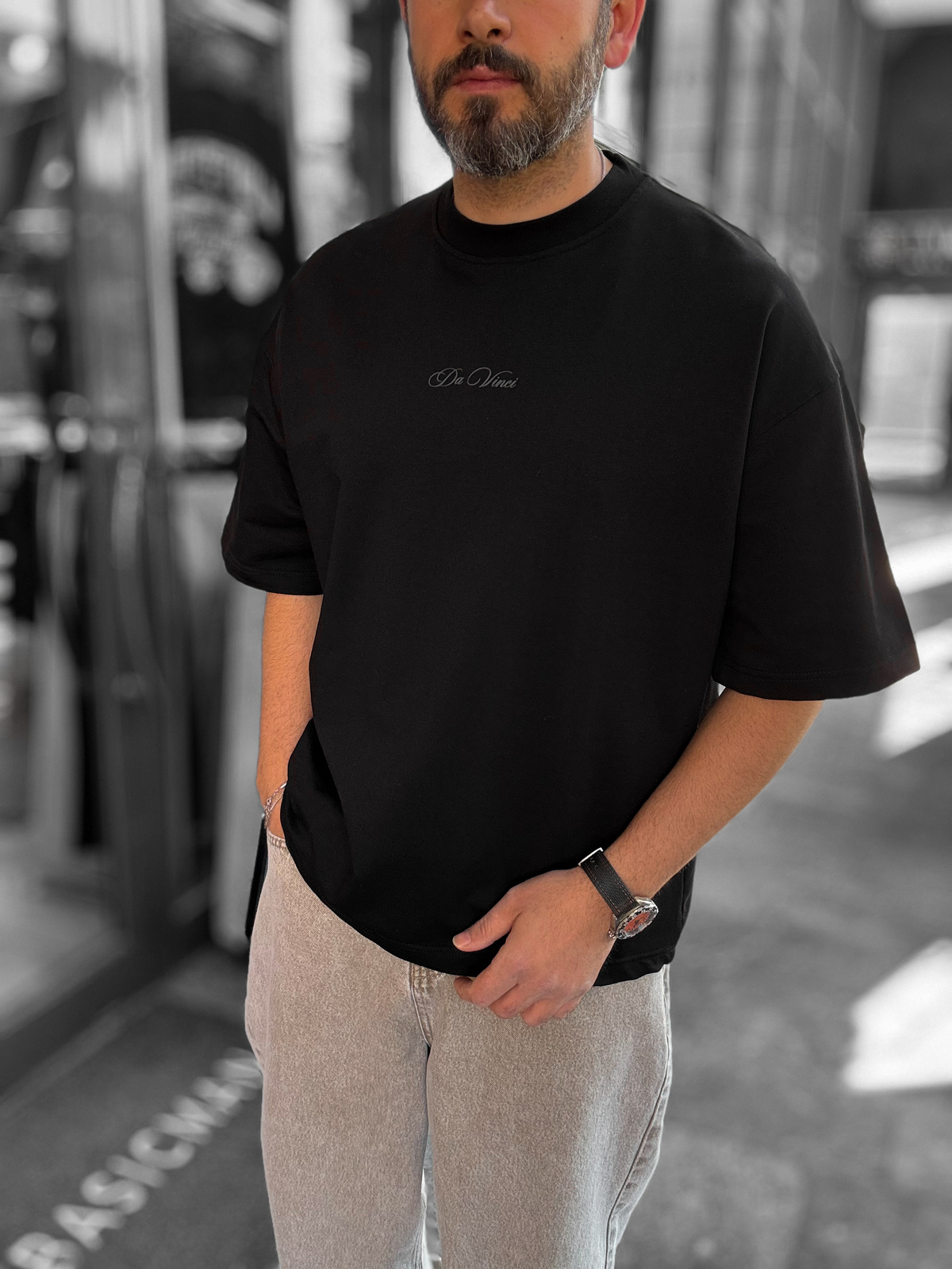 Siyah Da Vinci Baskılı Oversize T-Shirt RES-1030
