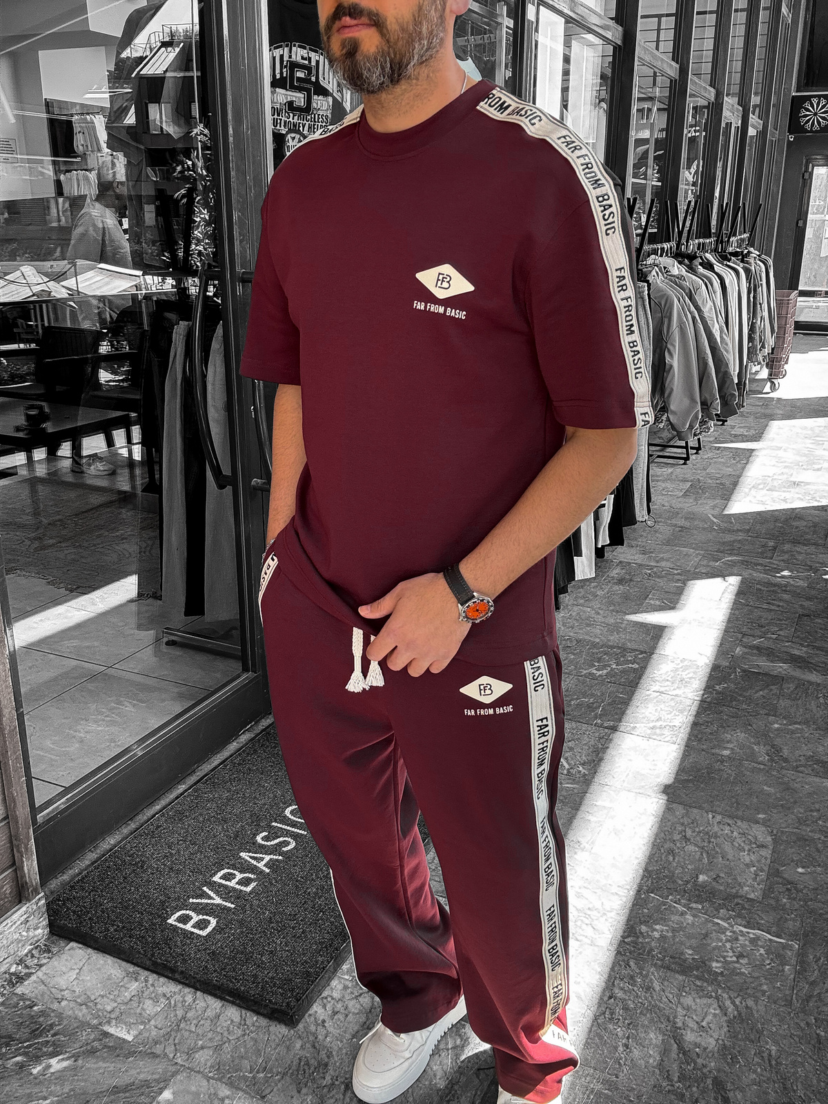 Bordo Far From Basic Kol Şeritli T-Shirt RES-1074