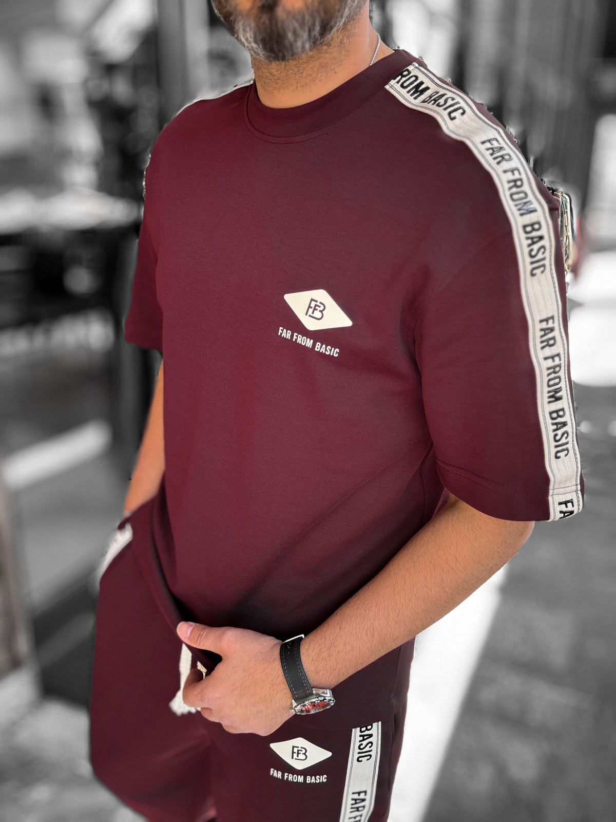 Bordo Far From Basic Kol Şeritli T-Shirt RES-1074