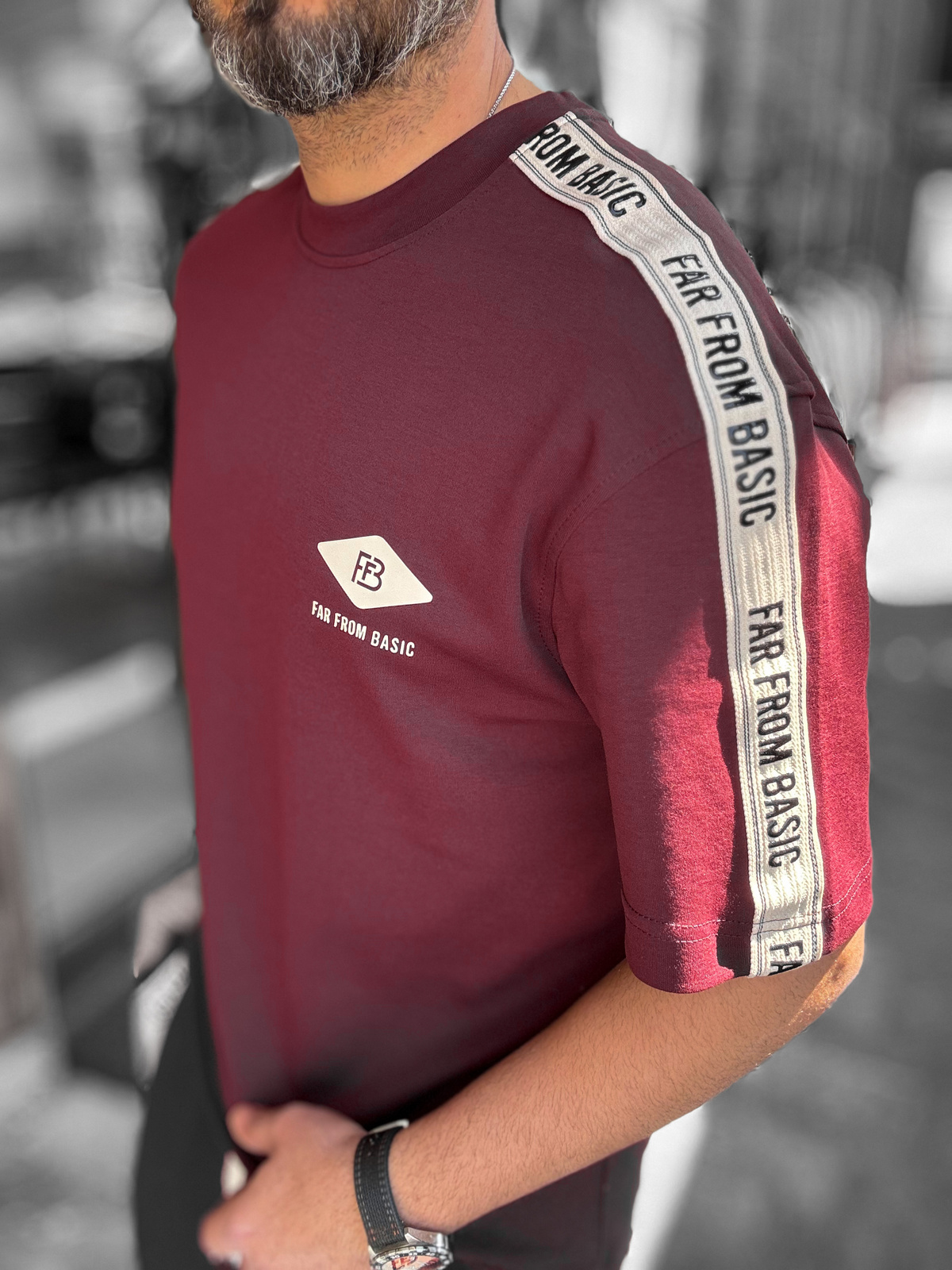 Bordo Far From Basic Kol Şeritli T-Shirt RES-1074