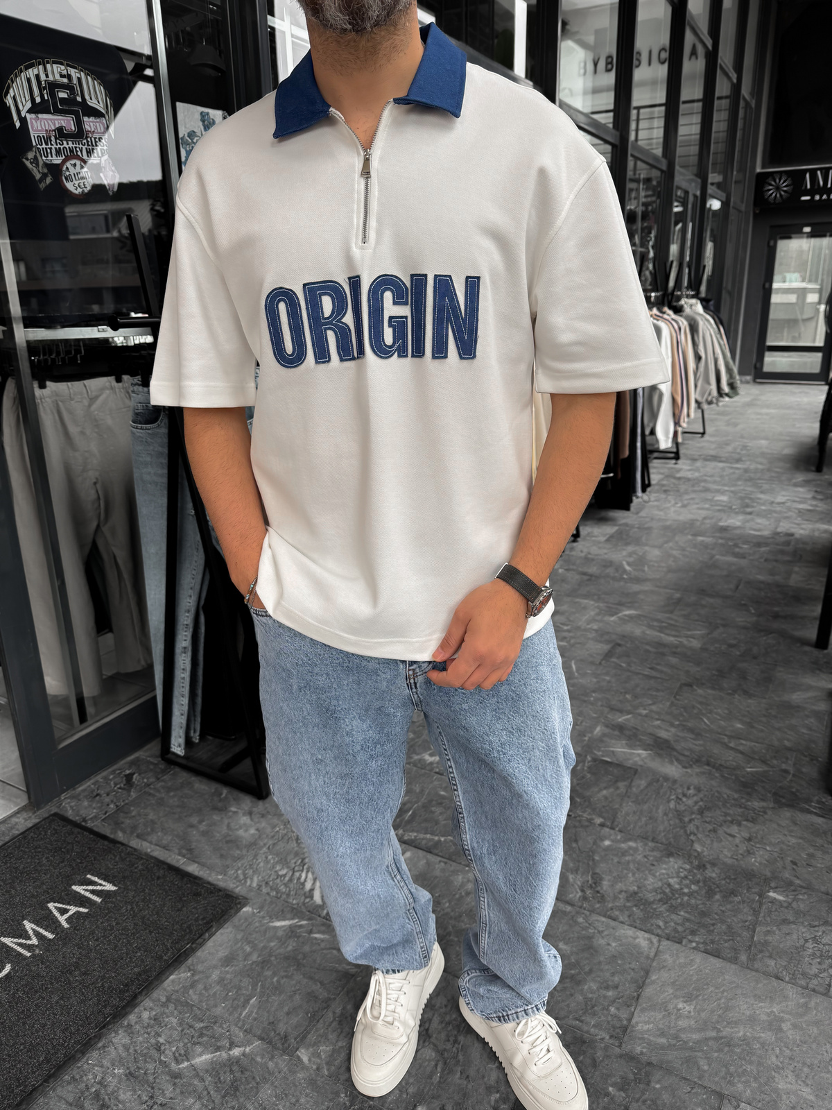 Beyaz Origin Patchli Kot Yaka T-Shirt RES-1095