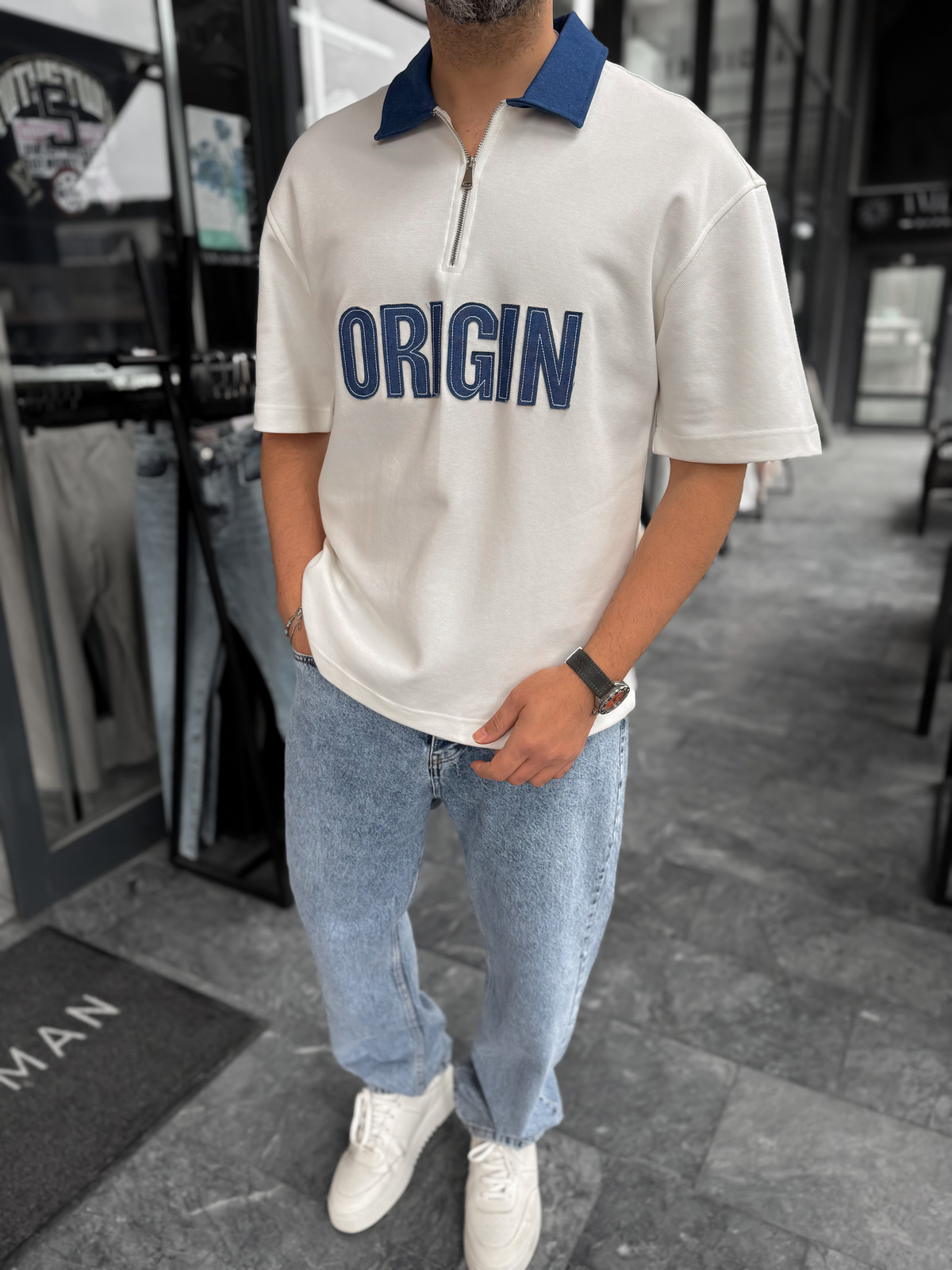 Beyaz Origin Patchli Kot Yaka T-Shirt RES-1095