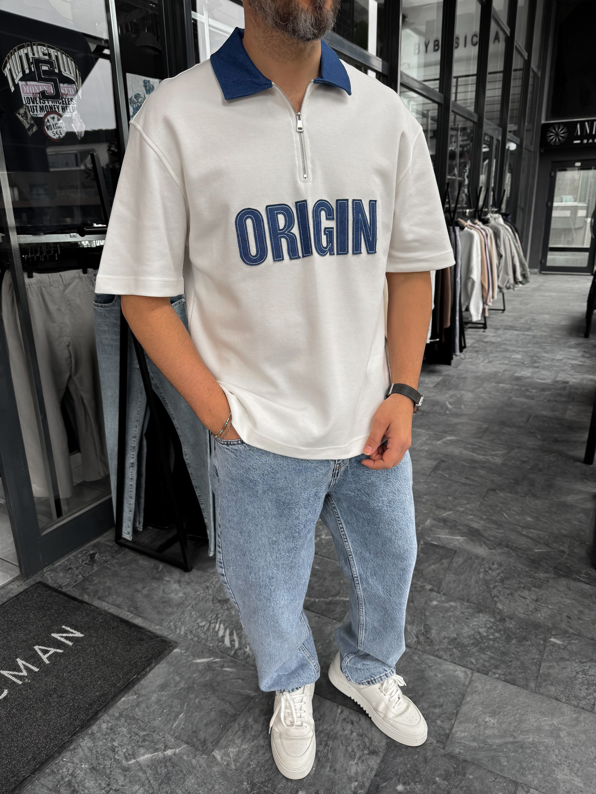 Beyaz Origin Patchli Kot Yaka T-Shirt RES-1095