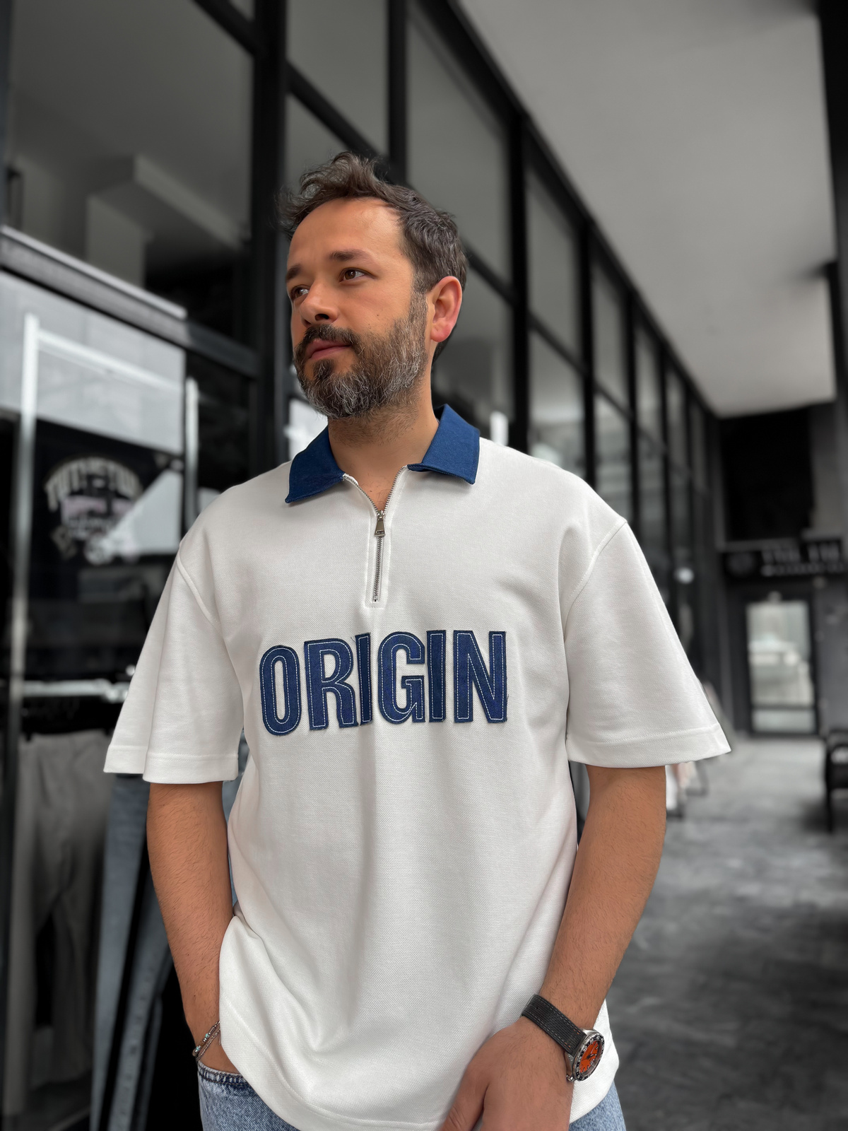 Beyaz Origin Patchli Kot Yaka T-Shirt RES-1095