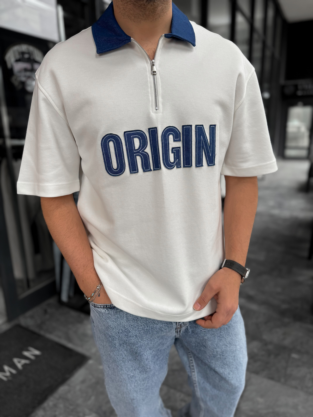 Beyaz Origin Patchli Kot Yaka T-Shirt RES-1095