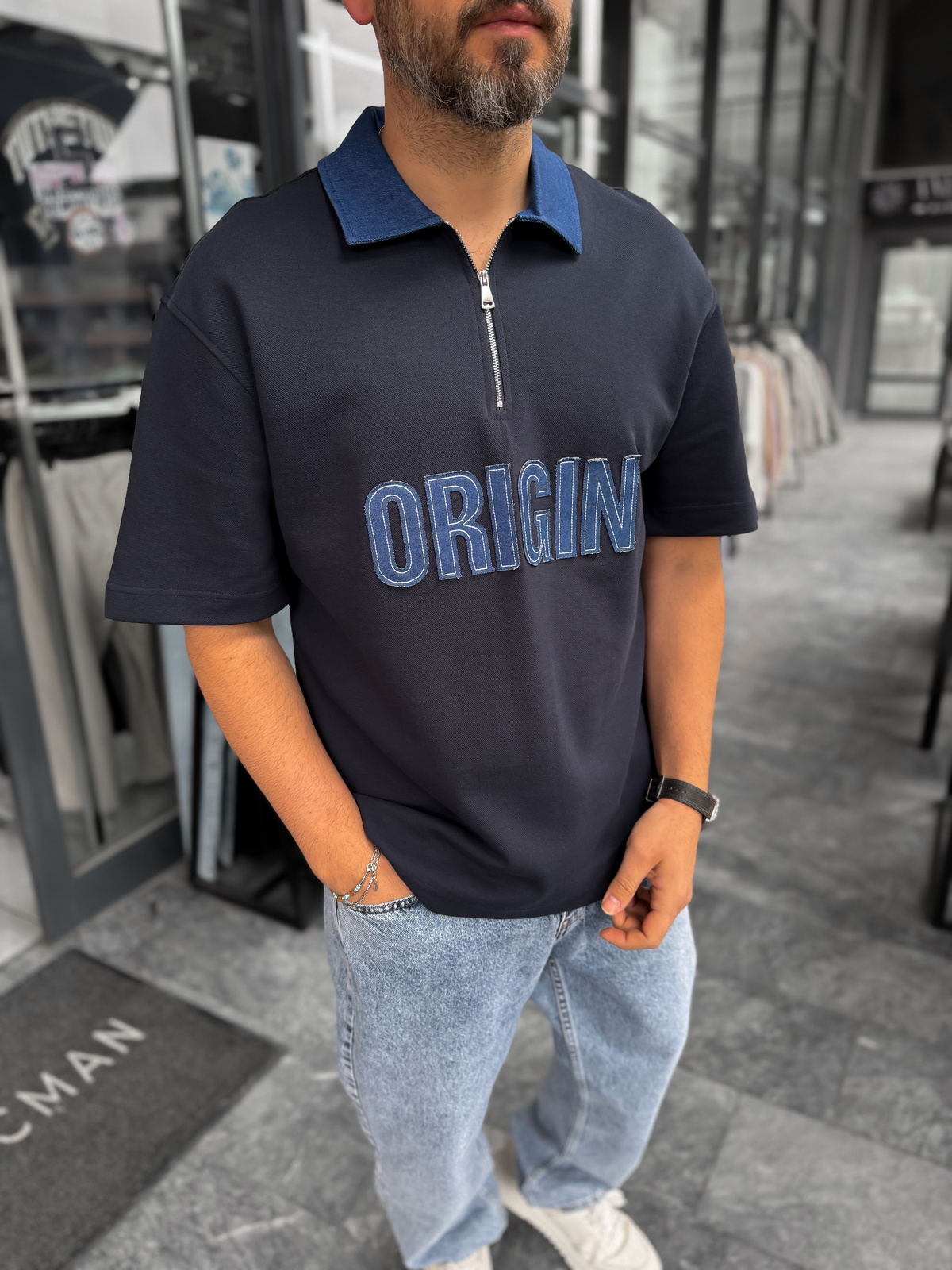 Lacivert Origin Patchli Kot Yaka T-Shirt RES-1095