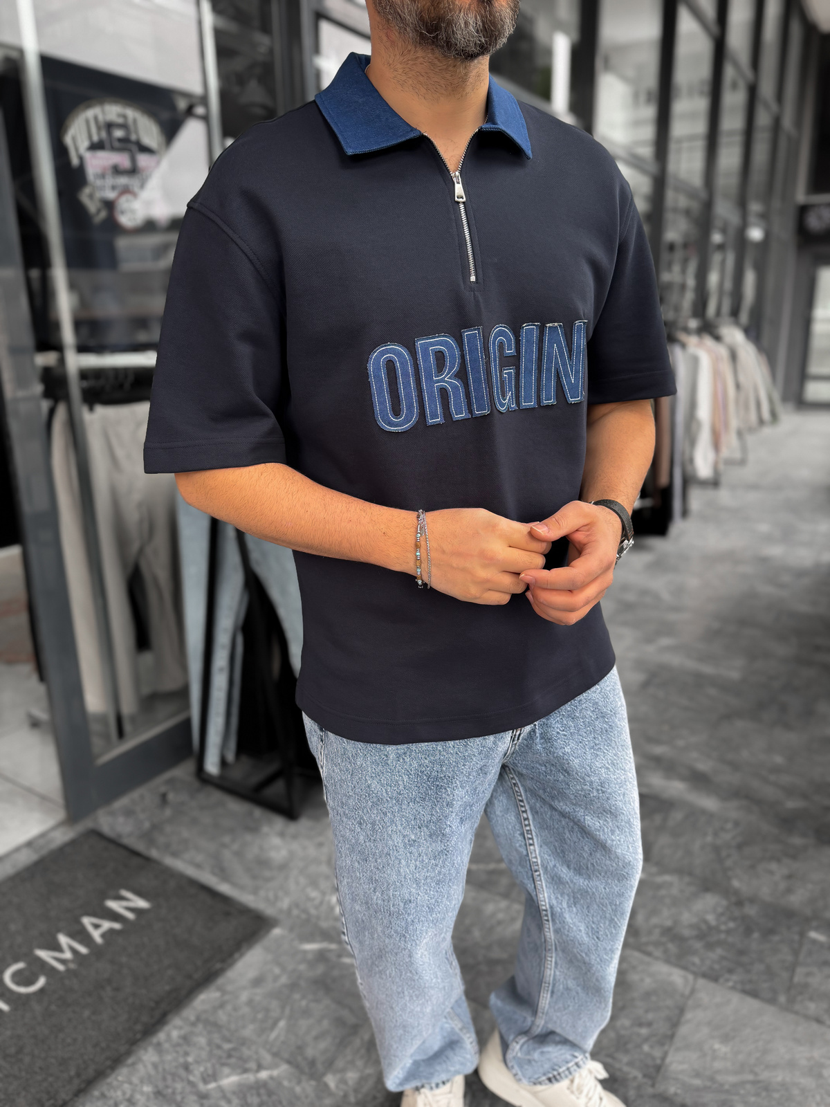 Lacivert Origin Patchli Kot Yaka T-Shirt RES-1095
