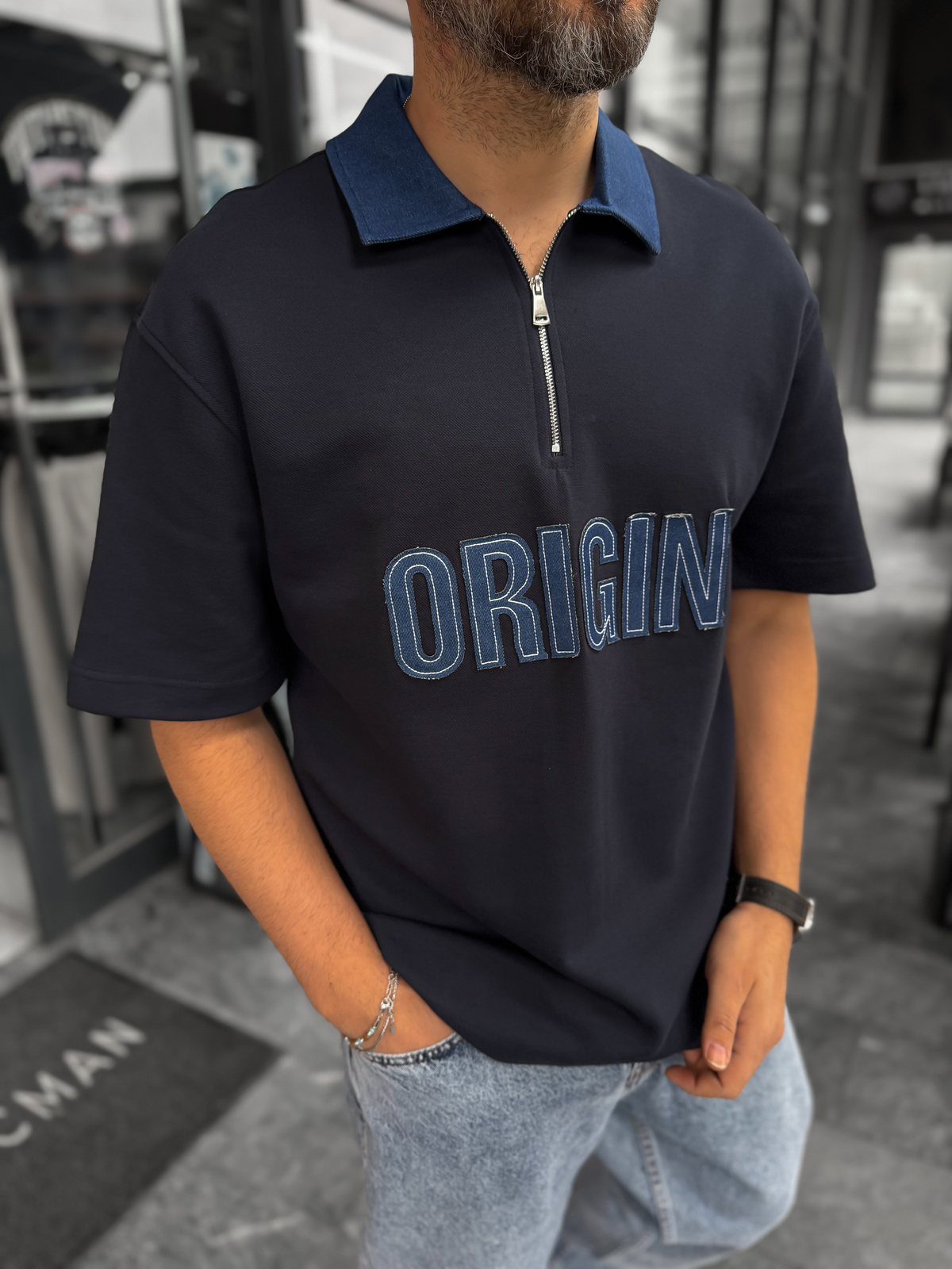 Lacivert Origin Patchli Kot Yaka T-Shirt RES-1095