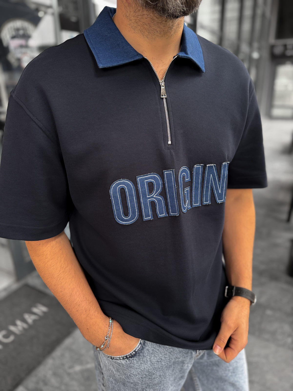 Lacivert Origin Patchli Kot Yaka T-Shirt RES-1095