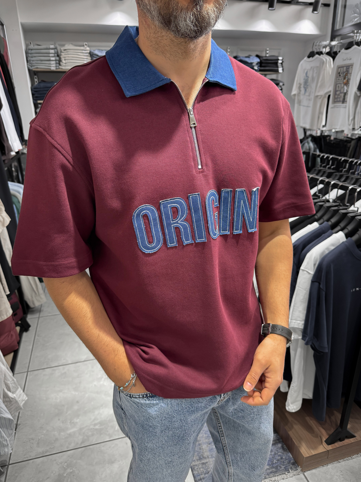 Bordo Origin Patchli Kot Yaka T-Shirt RES-1095