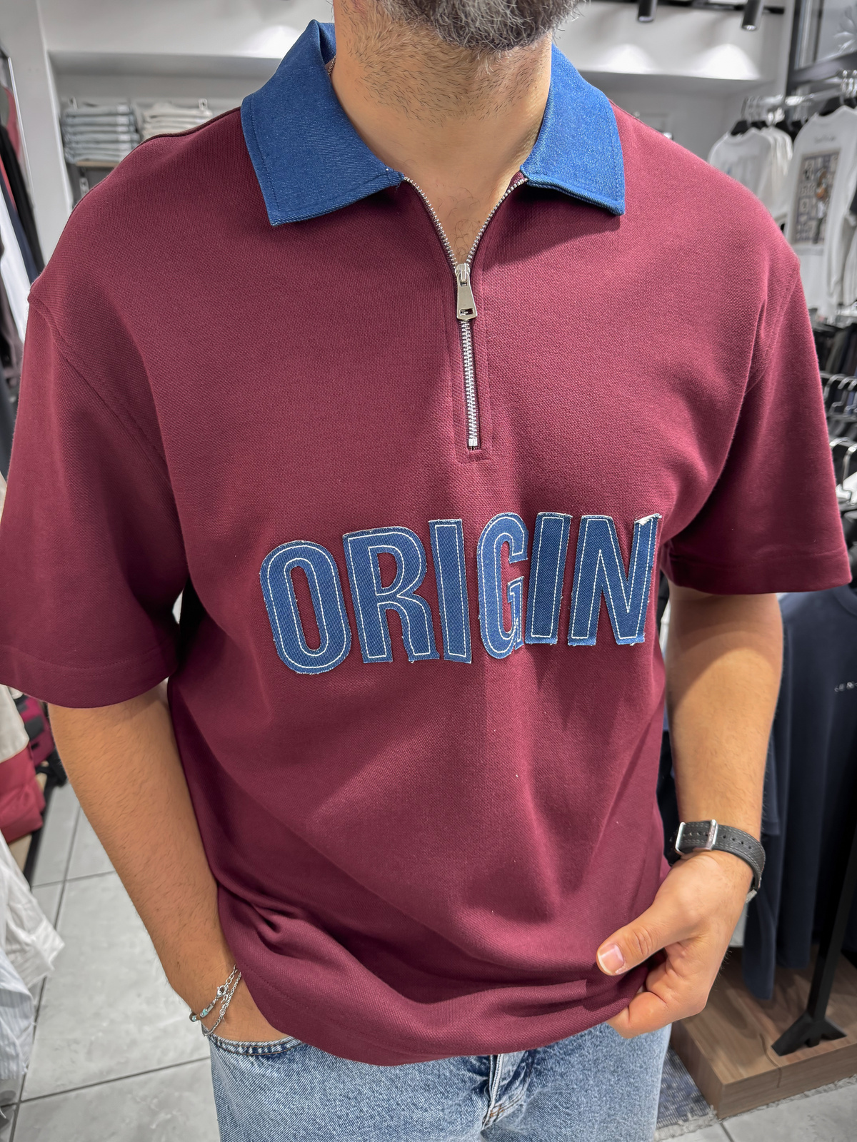 Bordo Origin Patchli Kot Yaka T-Shirt RES-1095