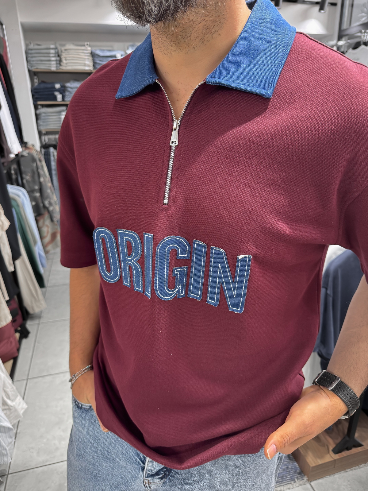 Bordo Origin Patchli Kot Yaka T-Shirt RES-1095