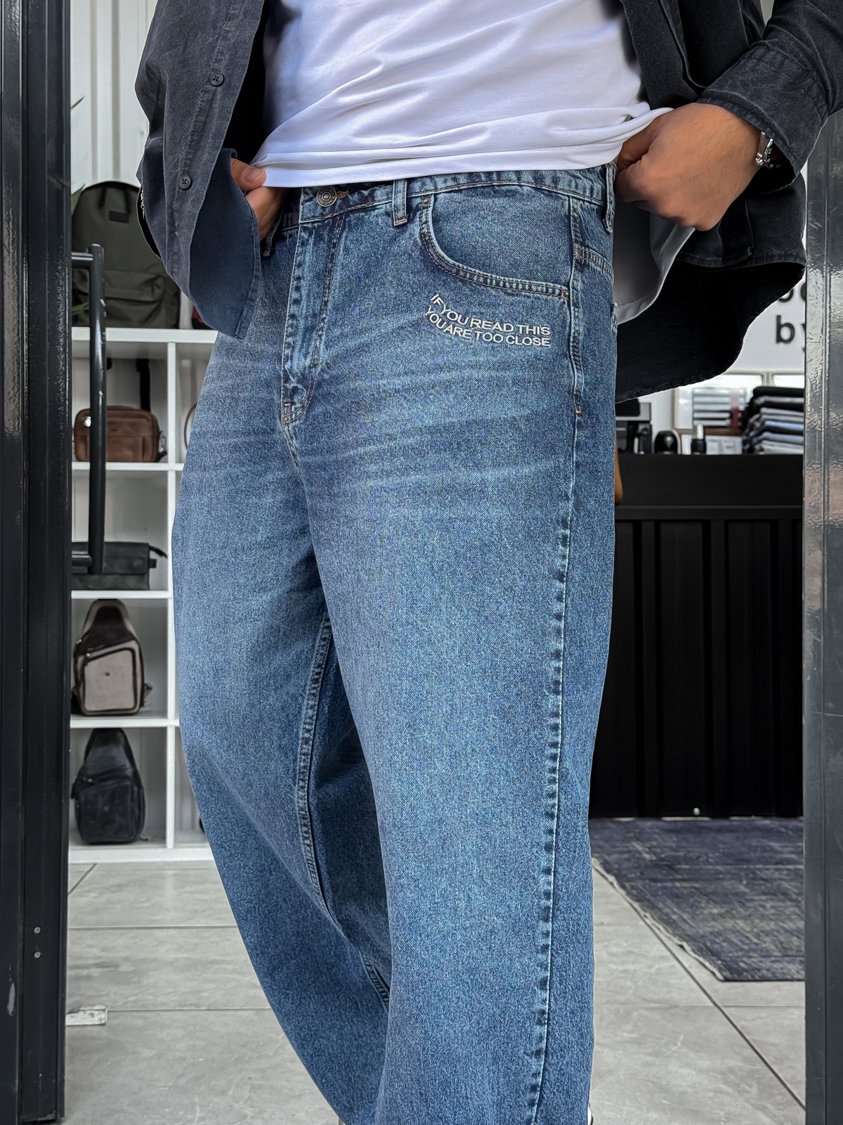 Mavi Close Nakışlı Yıkamalı Baggy Jean C-6657