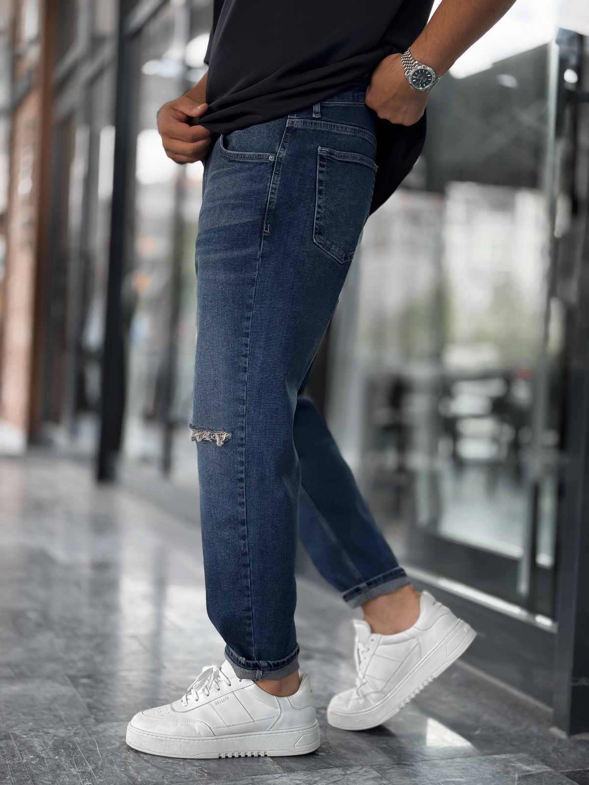 Lacivert Diz Yırtıklı Yıkamalı Boyfriend C-6526