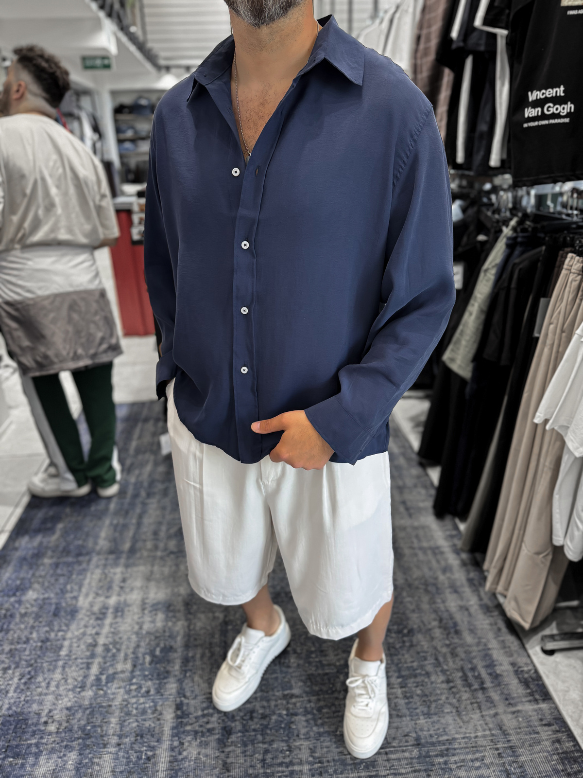 Lacivert Basic Tensel Oversize Gömlek JJ-171